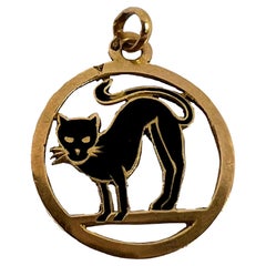 French Lucky Black Cat 18k Yellow Gold Enamel Charm Pendant