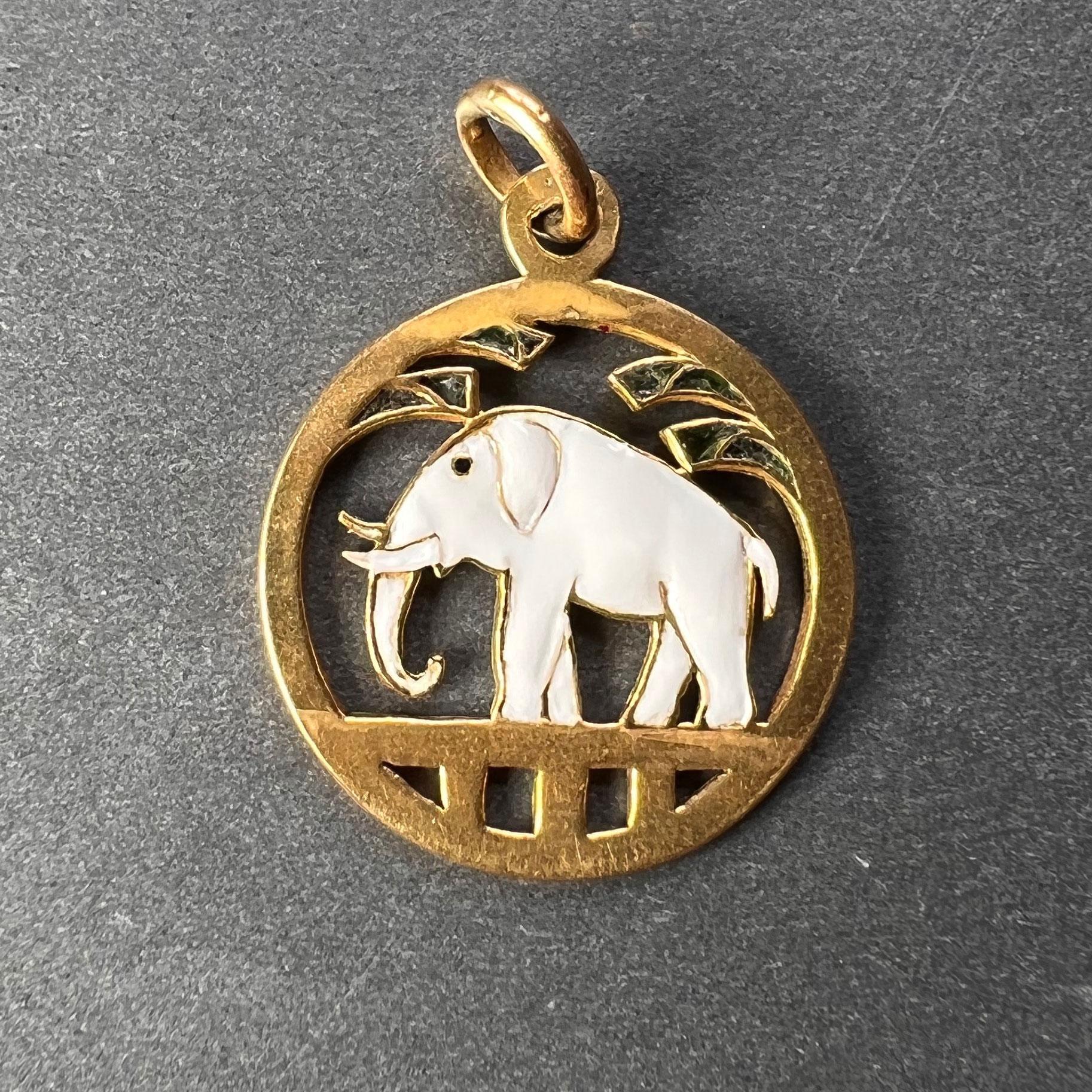 Women's or Men's French Lucky Elephant 18K Yellow Gold Enamel Charm Pendant For Sale