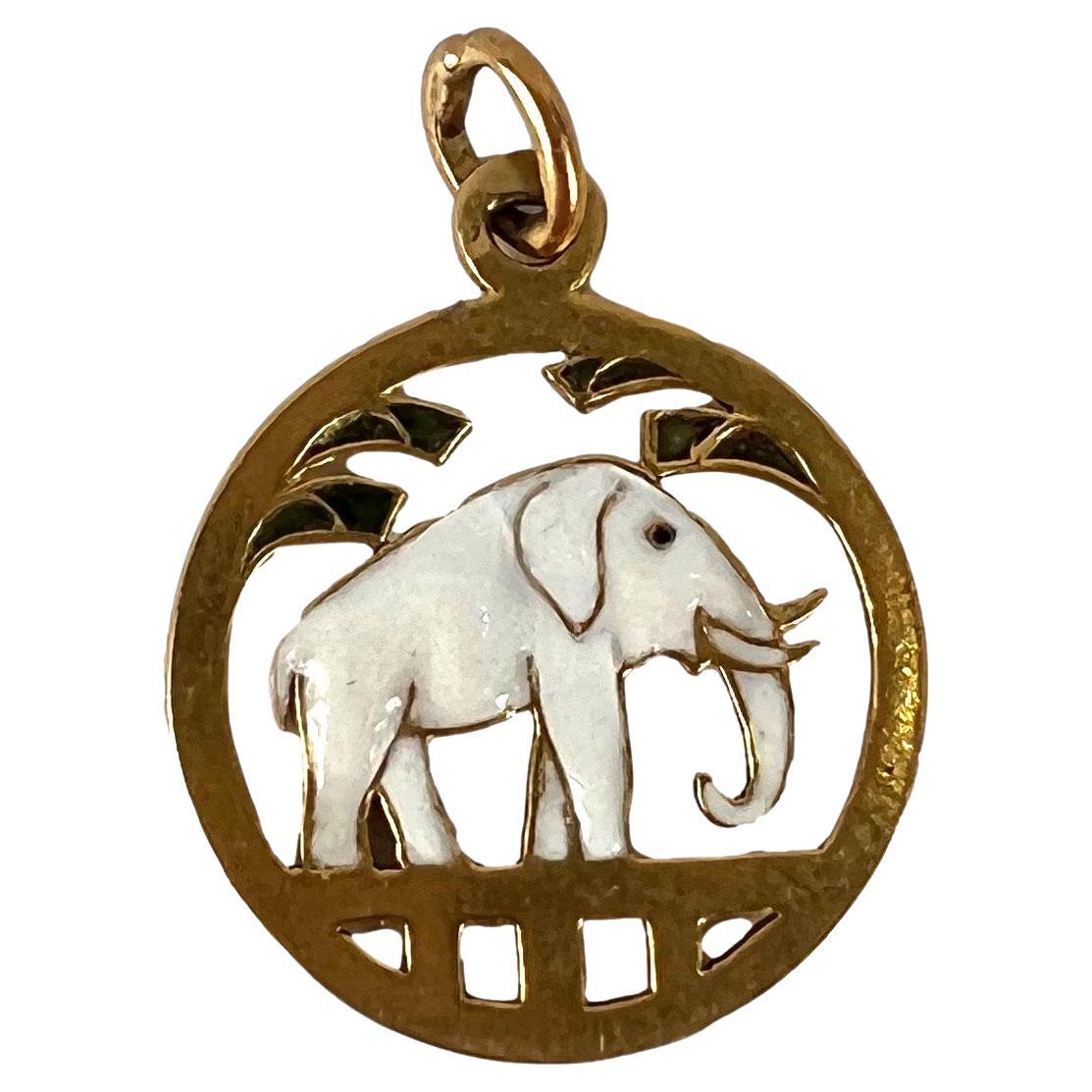 French Lucky Elephant 18K Yellow Gold Enamel Charm Pendant For Sale