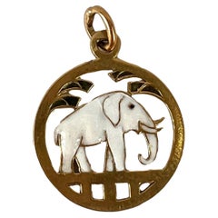 Vintage French Lucky Elephant 18K Yellow Gold Enamel Charm Pendant