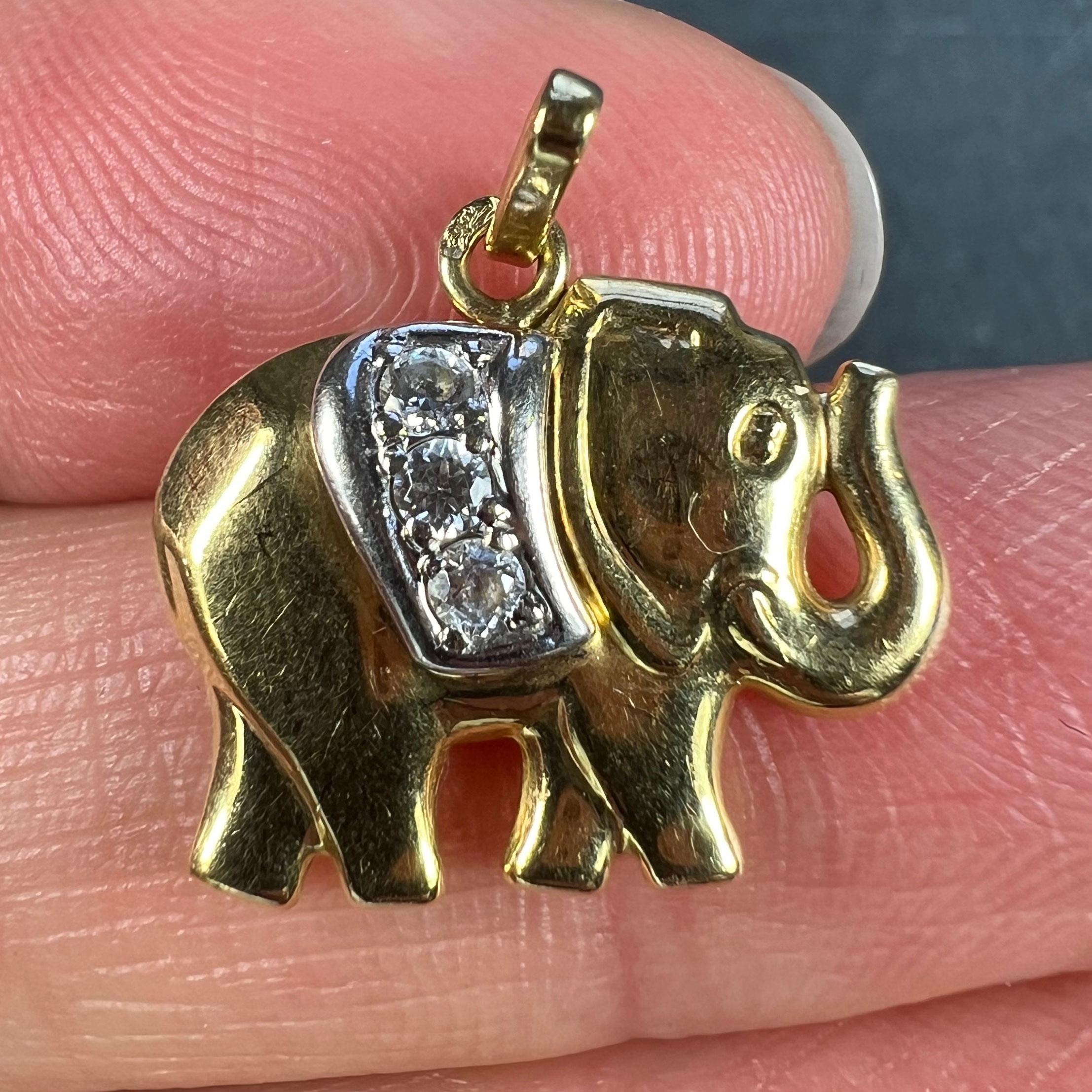Women's or Men's French Lucky Elephant Diamond 18K Yellow Gold Charm Pendant
