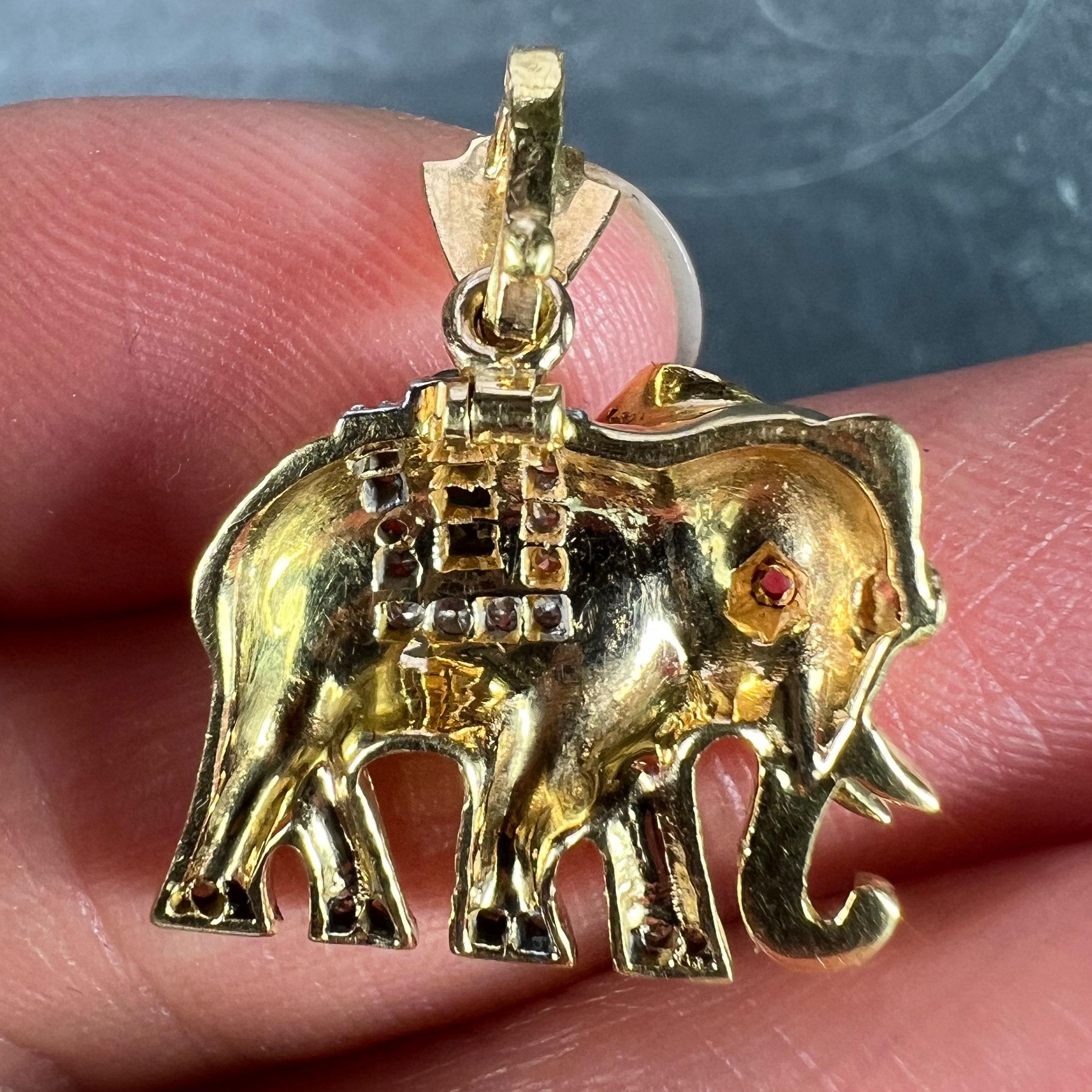 French Lucky Elephant Emerald Diamond Ruby 18K Yellow Gold Charm Pendant For Sale 5