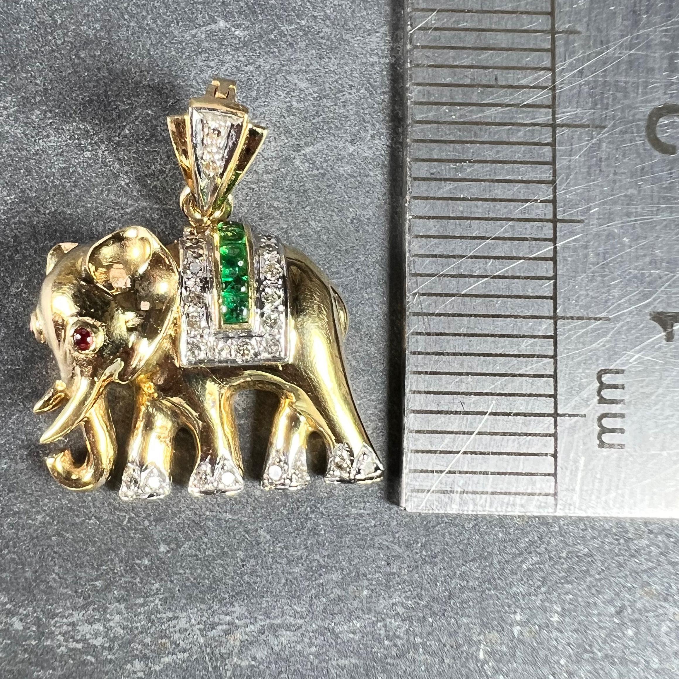 French Lucky Elephant Emerald Diamond Ruby 18K Yellow Gold Charm Pendant For Sale 6
