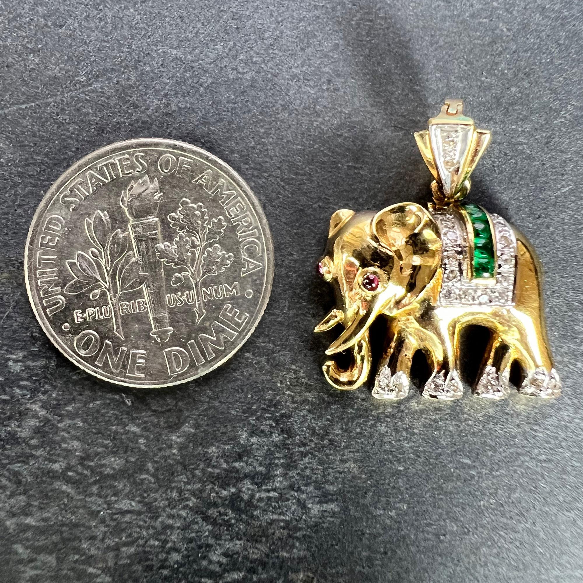 French Lucky Elephant Emerald Diamond Ruby 18K Yellow Gold Charm Pendant For Sale 7