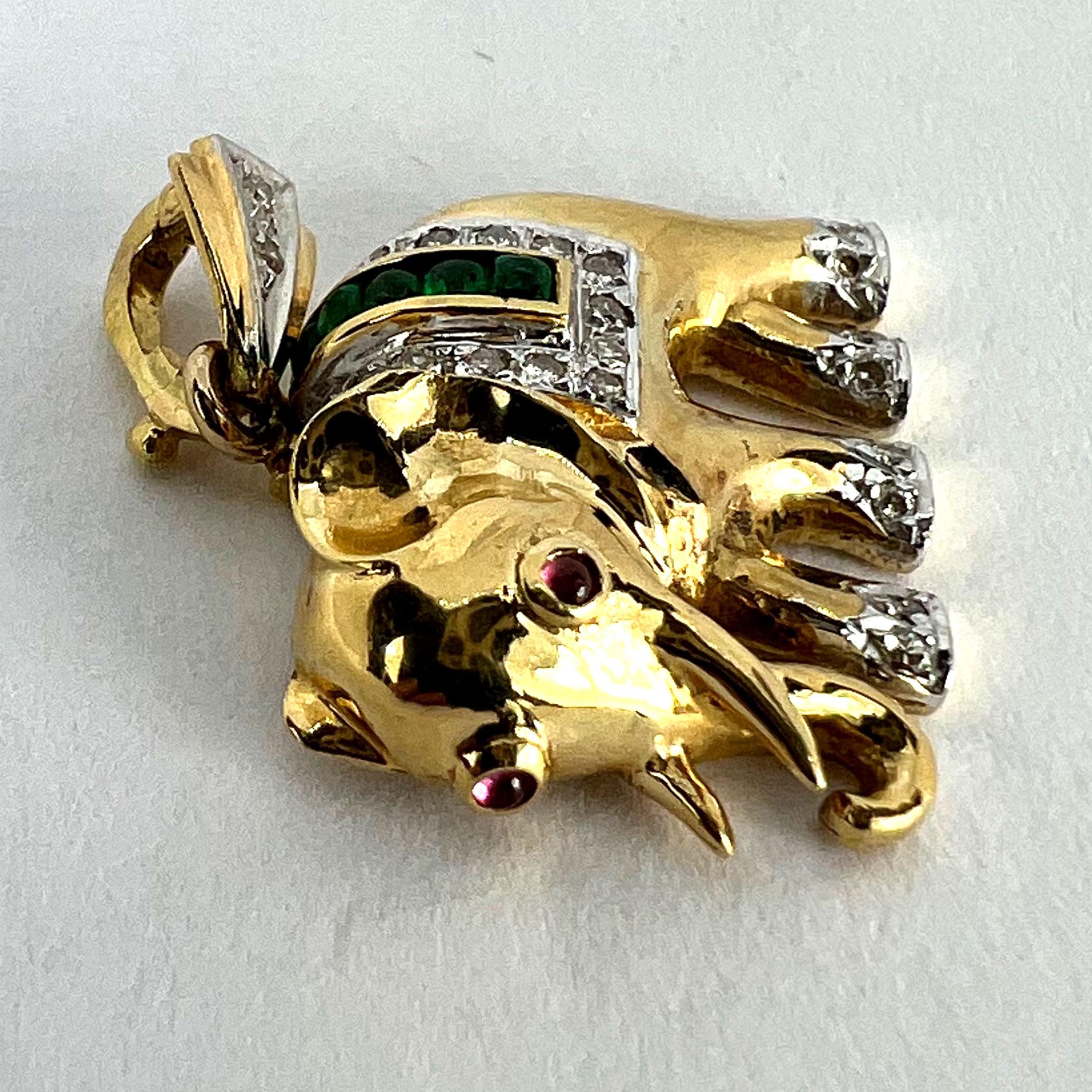 French Lucky Elephant Emerald Diamond Ruby 18K Yellow Gold Charm Pendant For Sale 8