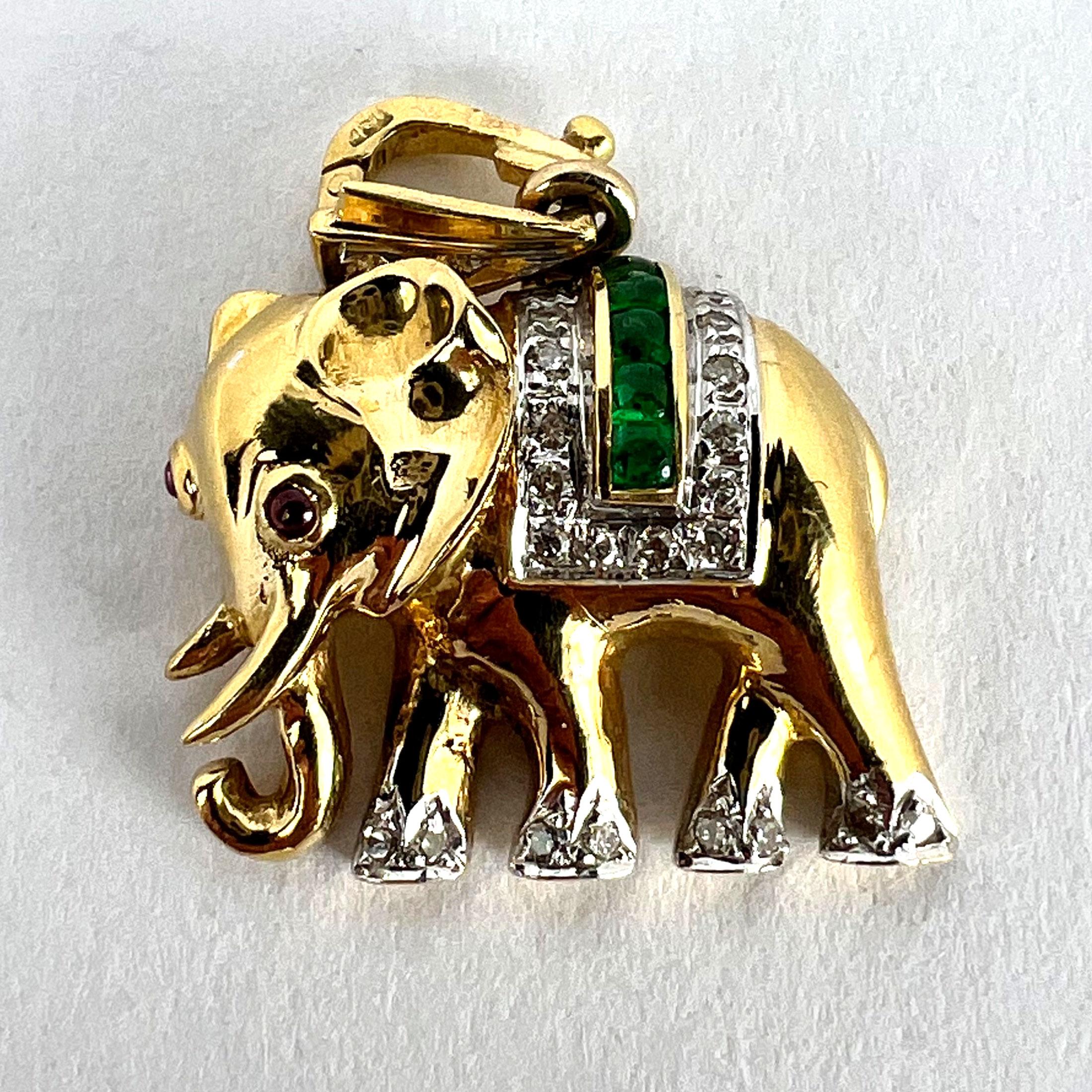French Lucky Elephant Emerald Diamond Ruby 18K Yellow Gold Charm Pendant For Sale 9
