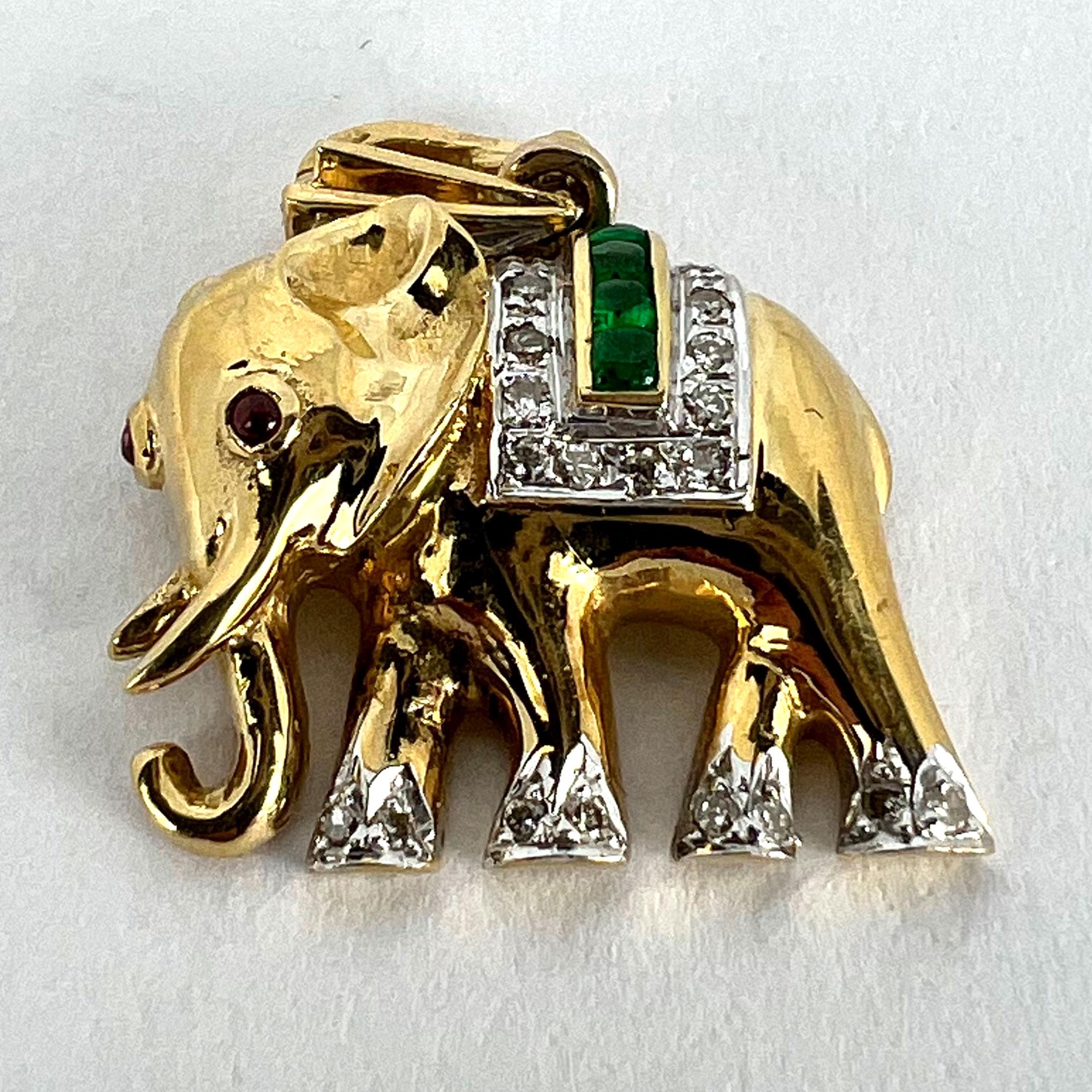French Lucky Elephant Emerald Diamond Ruby 18K Yellow Gold Charm Pendant For Sale 10