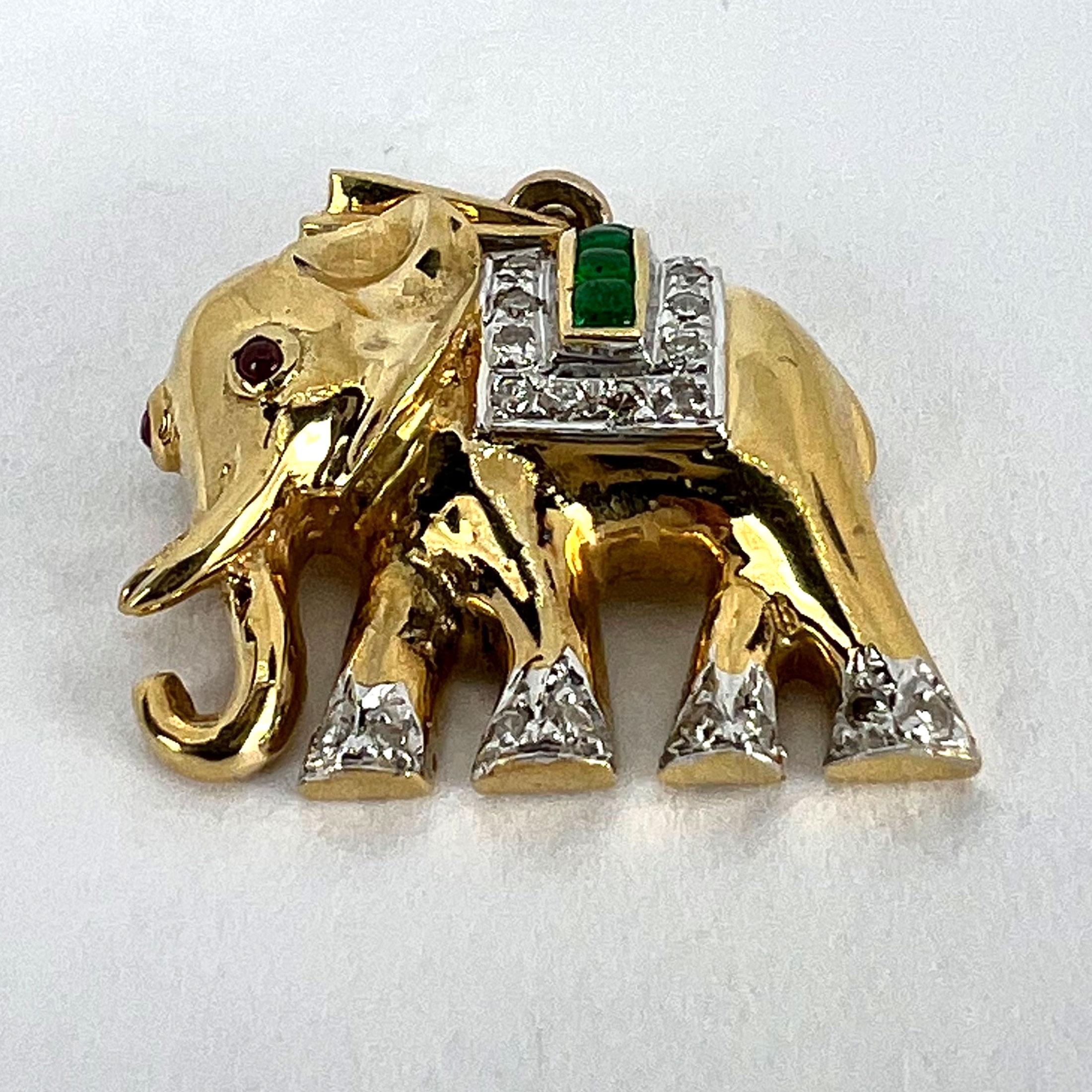 French Lucky Elephant Emerald Diamond Ruby 18K Yellow Gold Charm Pendant For Sale 11