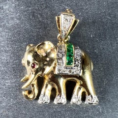 French Lucky Elephant Emerald Diamond Ruby 18K Yellow Gold Charm Pendant