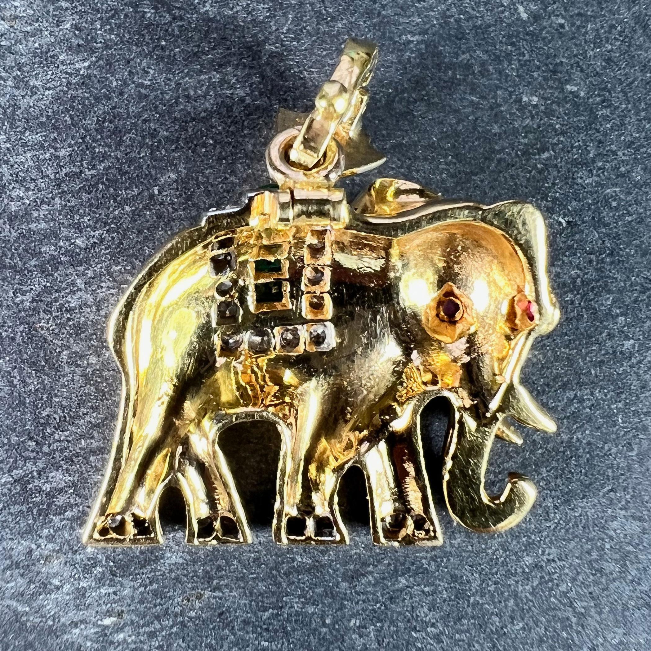 Round Cut French Lucky Elephant Emerald Diamond Ruby 18K Yellow Gold Charm Pendant For Sale