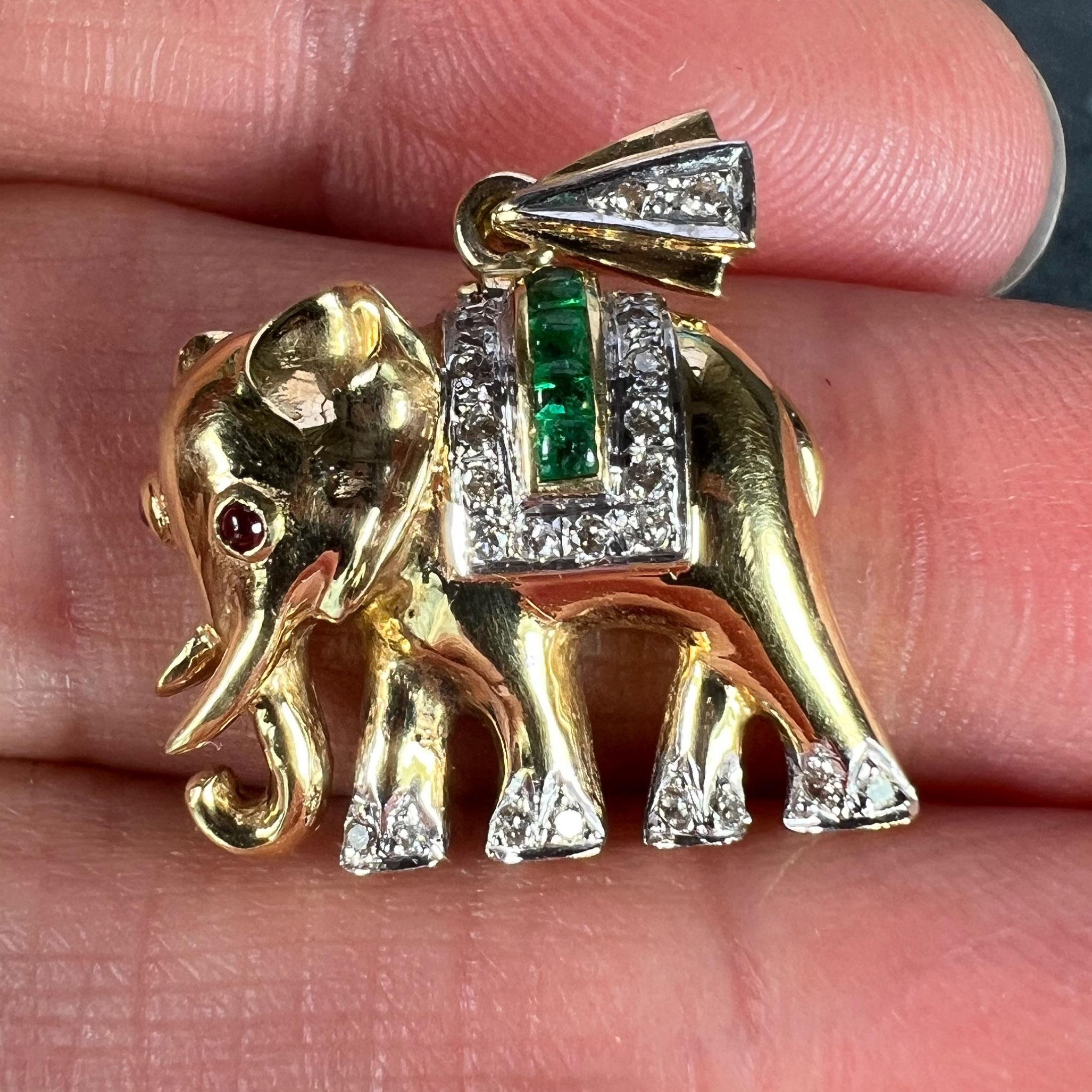 Women's or Men's French Lucky Elephant Emerald Diamond Ruby 18K Yellow Gold Charm Pendant For Sale