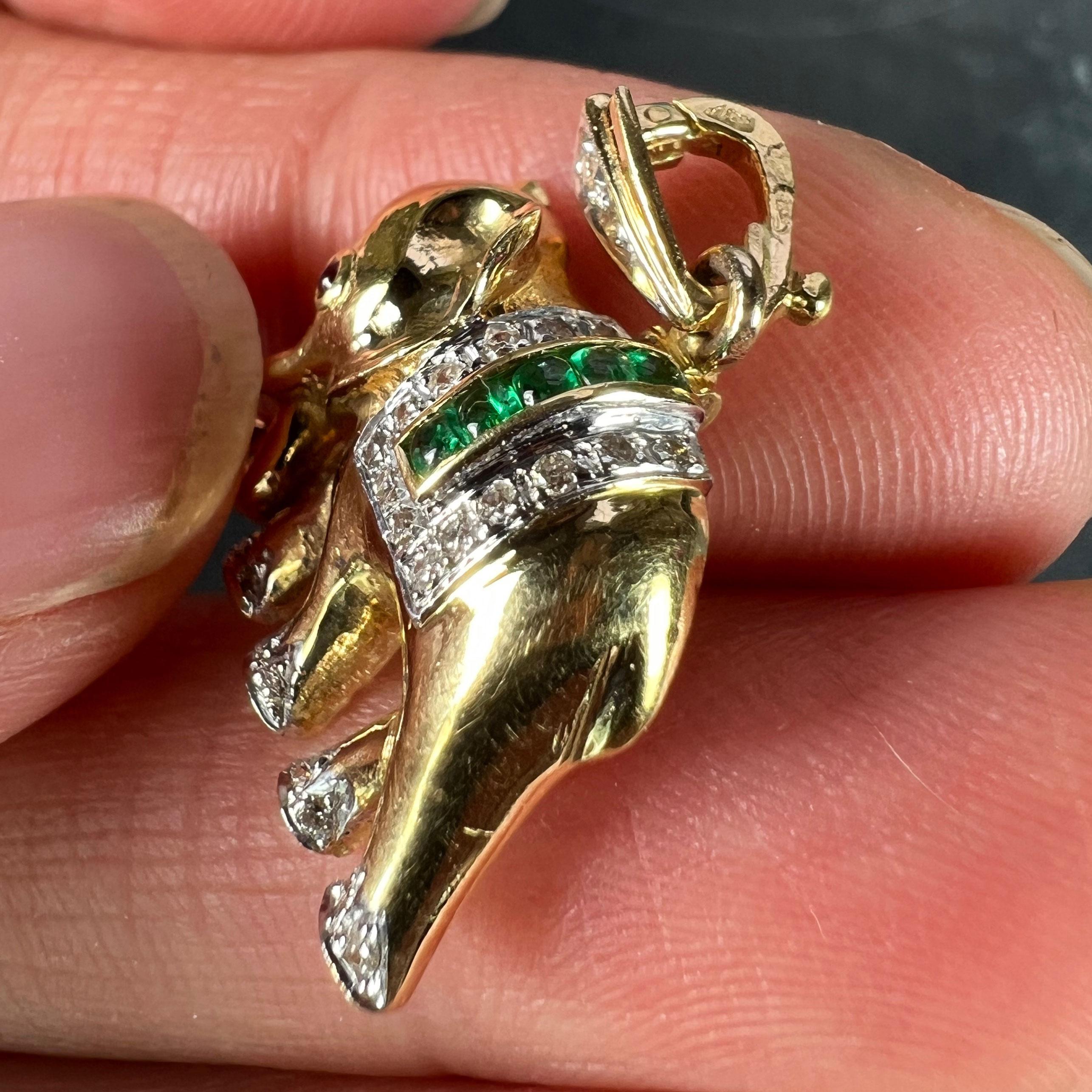 French Lucky Elephant Emerald Diamond Ruby 18K Yellow Gold Charm Pendant For Sale 3
