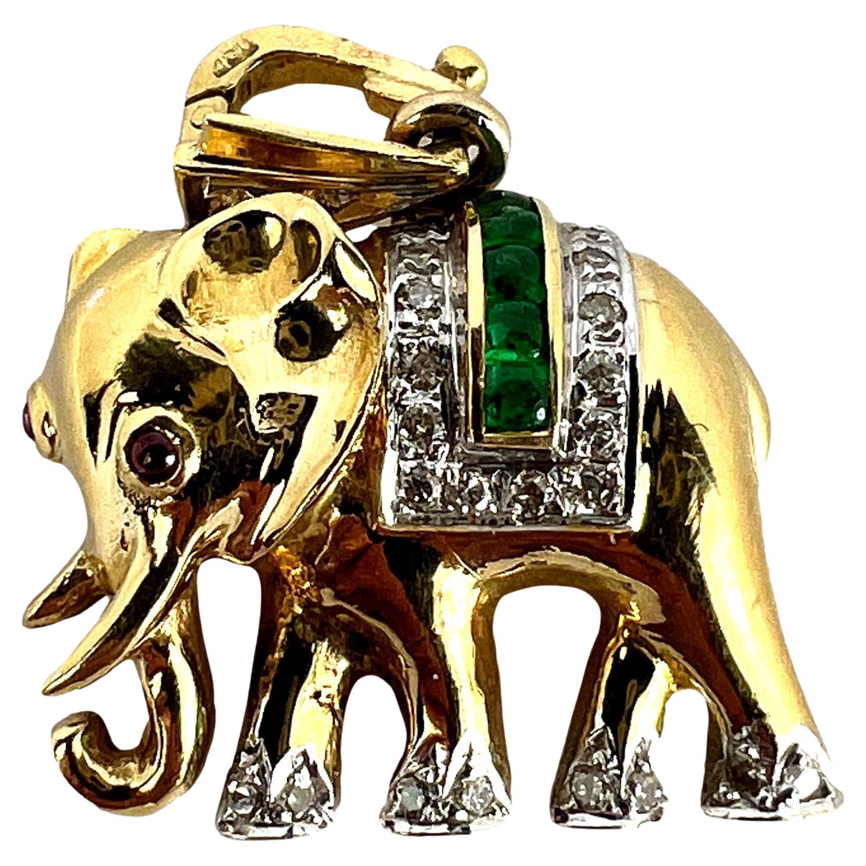 French Lucky Elephant Emerald Diamond Ruby 18K Yellow Gold Charm Pendant For Sale