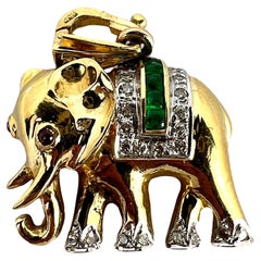 Vintage French Lucky Elephant Emerald Diamond Ruby 18K Yellow Gold Charm Pendant
