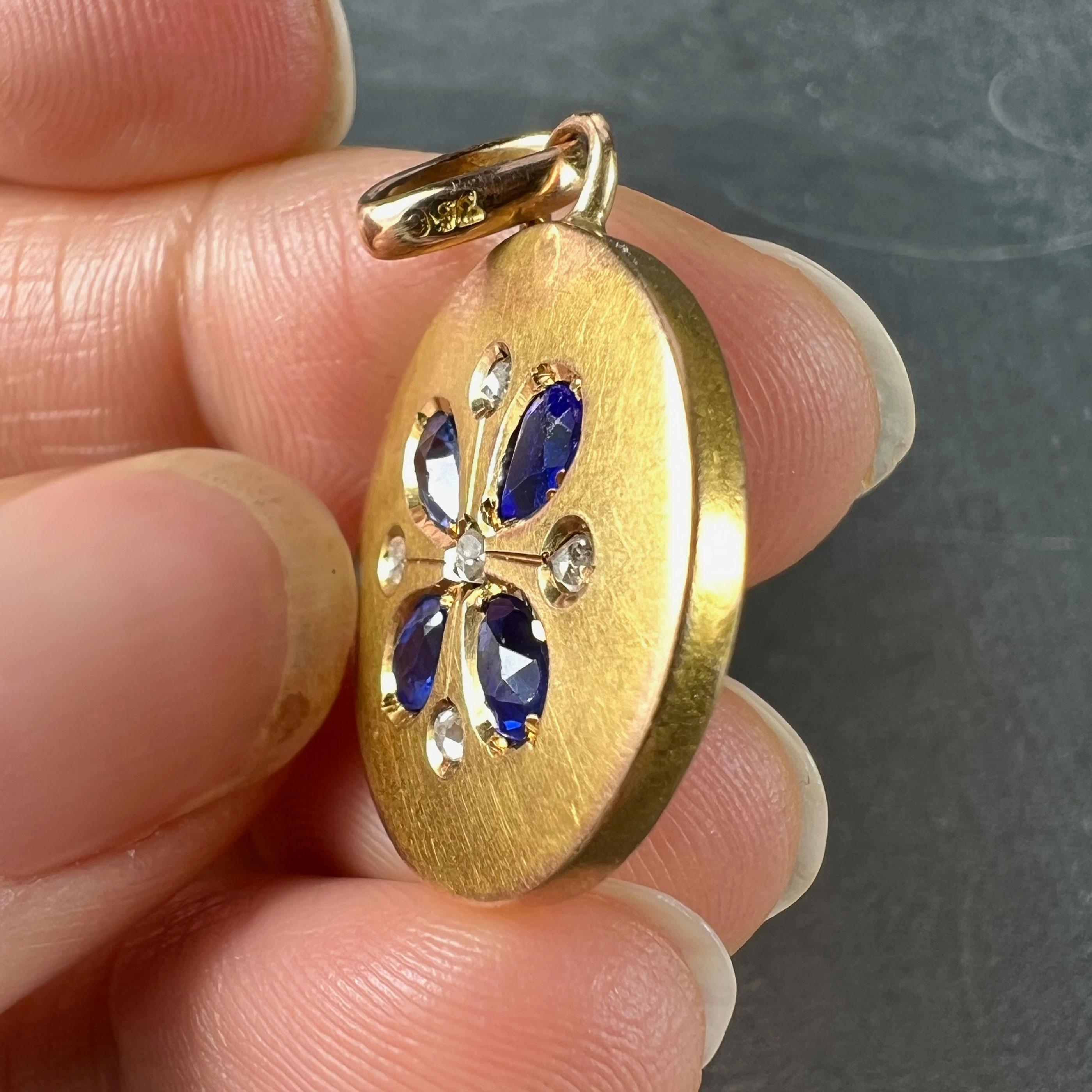 French Lucky Four Leaf Clover 18K Yellow Gold Sapphire Diamond Charm Pendant For Sale 4