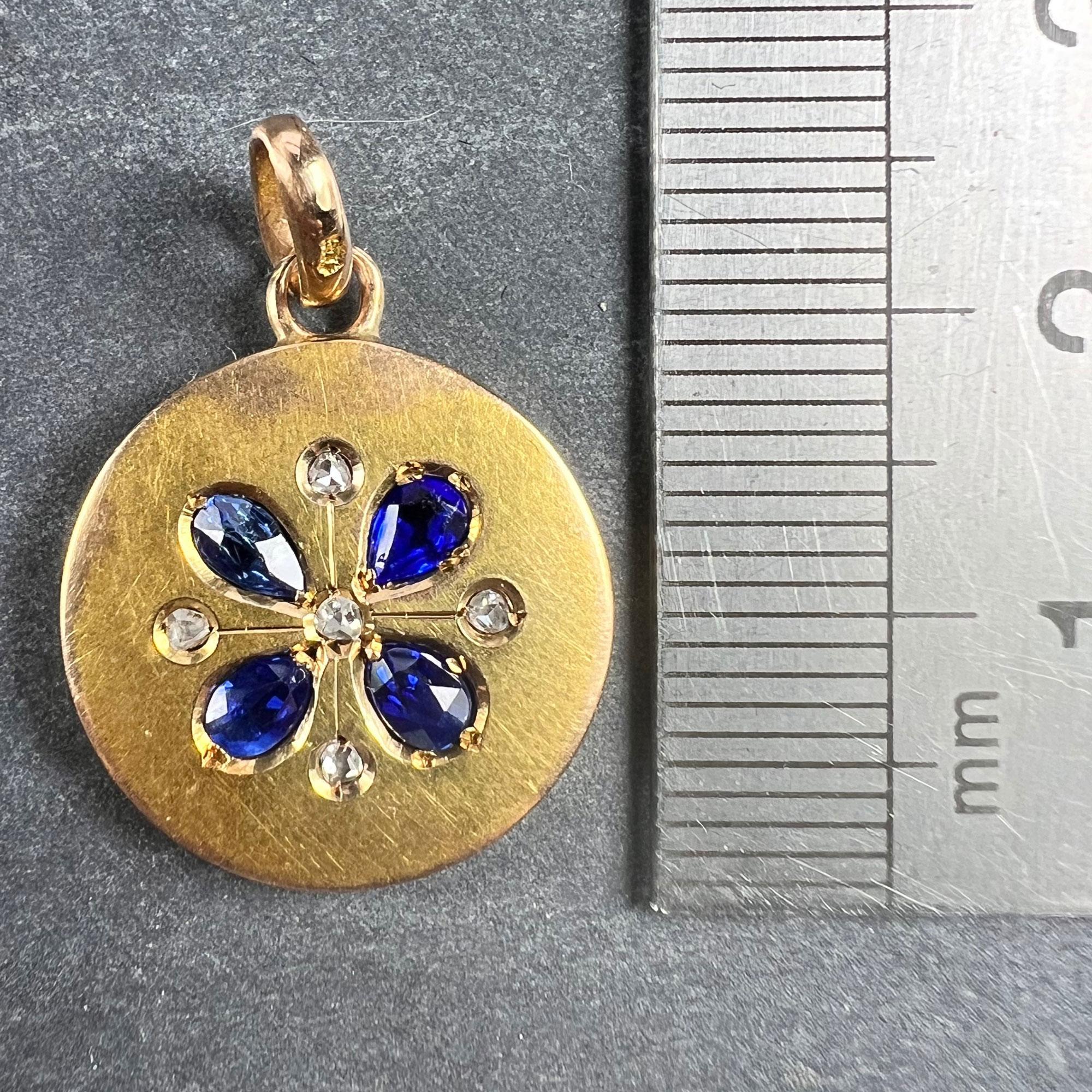 French Lucky Four Leaf Clover 18K Yellow Gold Sapphire Diamond Charm Pendant For Sale 5