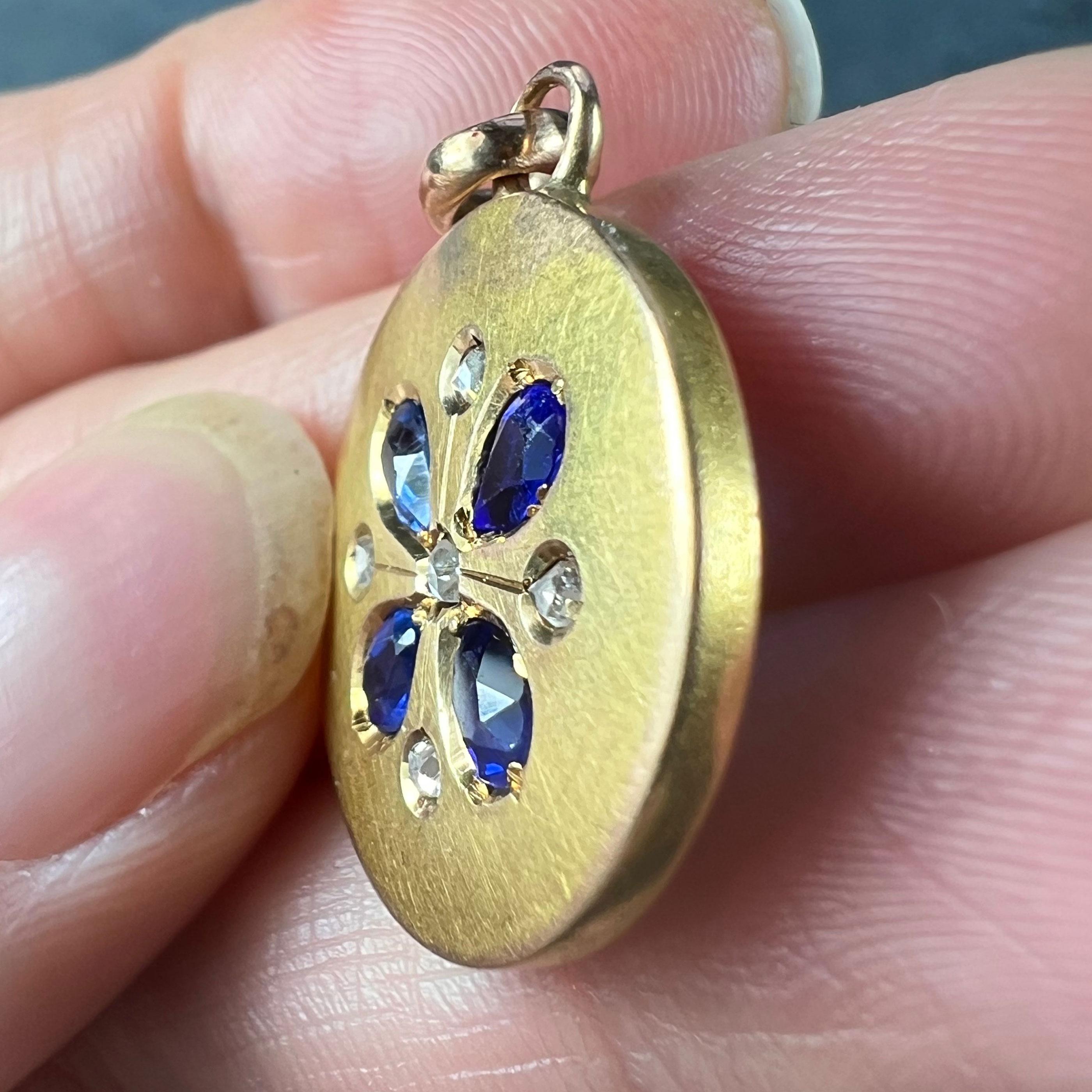 French Lucky Four Leaf Clover 18K Yellow Gold Sapphire Diamond Charm Pendant For Sale 6