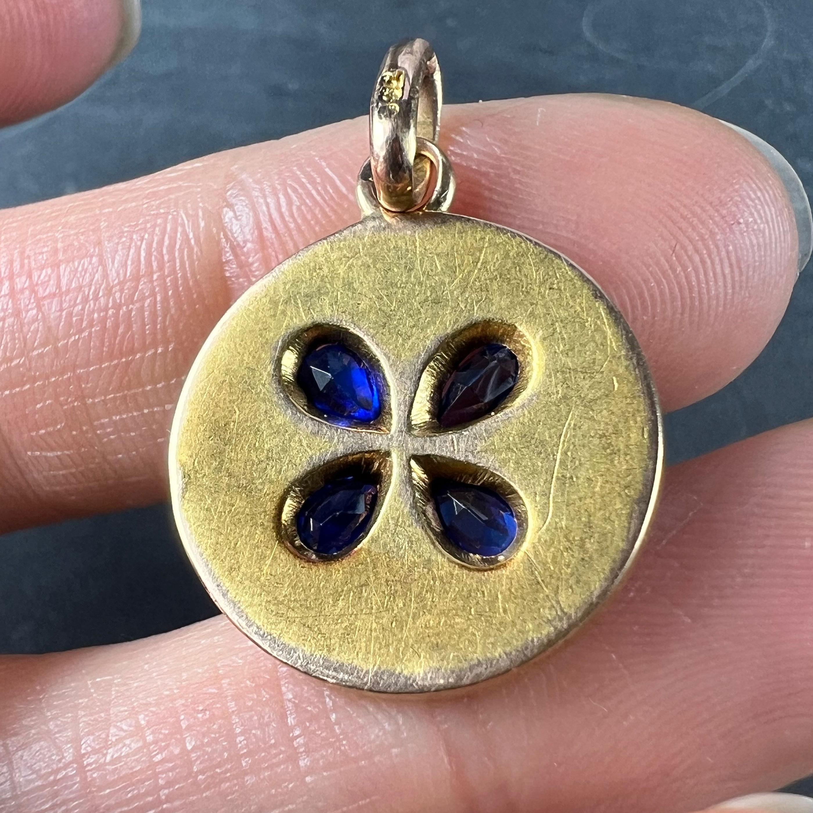 French Lucky Four Leaf Clover 18K Yellow Gold Sapphire Diamond Charm Pendant For Sale 7