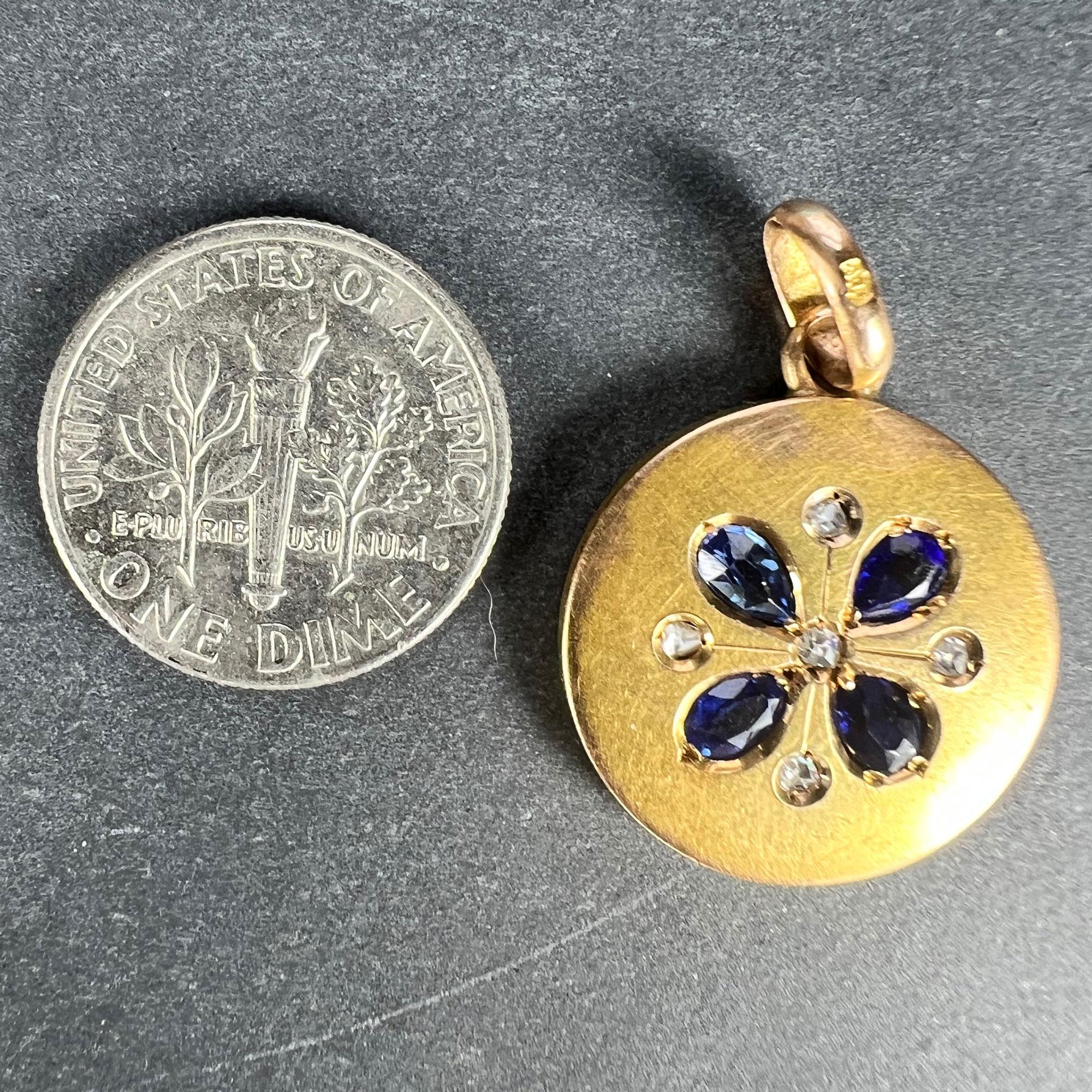 French Lucky Four Leaf Clover 18K Yellow Gold Sapphire Diamond Charm Pendant For Sale 8