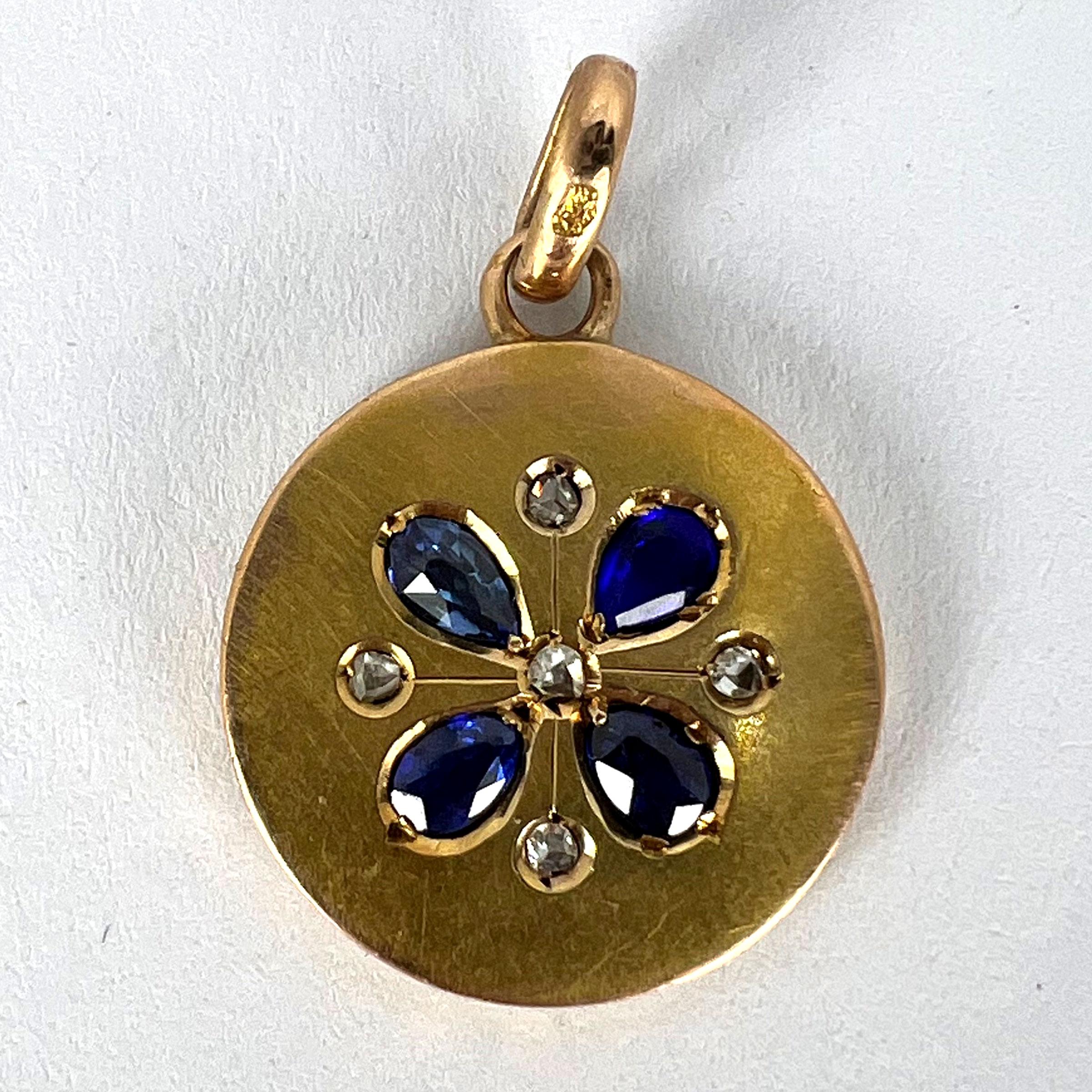 French Lucky Four Leaf Clover 18K Yellow Gold Sapphire Diamond Charm Pendant For Sale 9