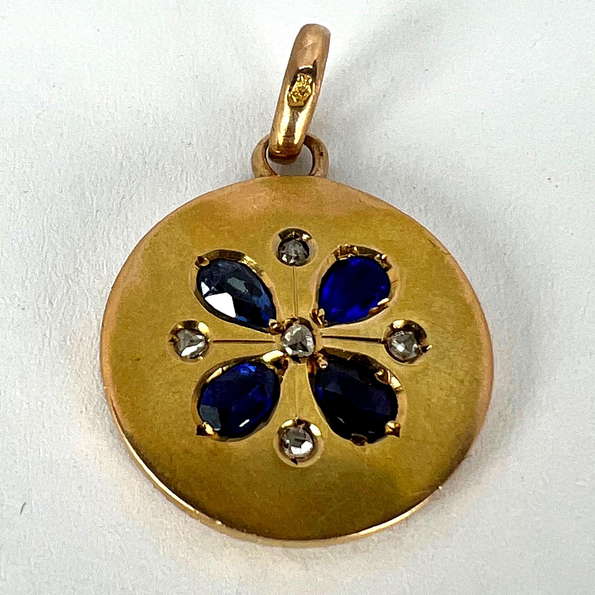 French Lucky Four Leaf Clover 18K Yellow Gold Sapphire Diamond Charm Pendant For Sale 10