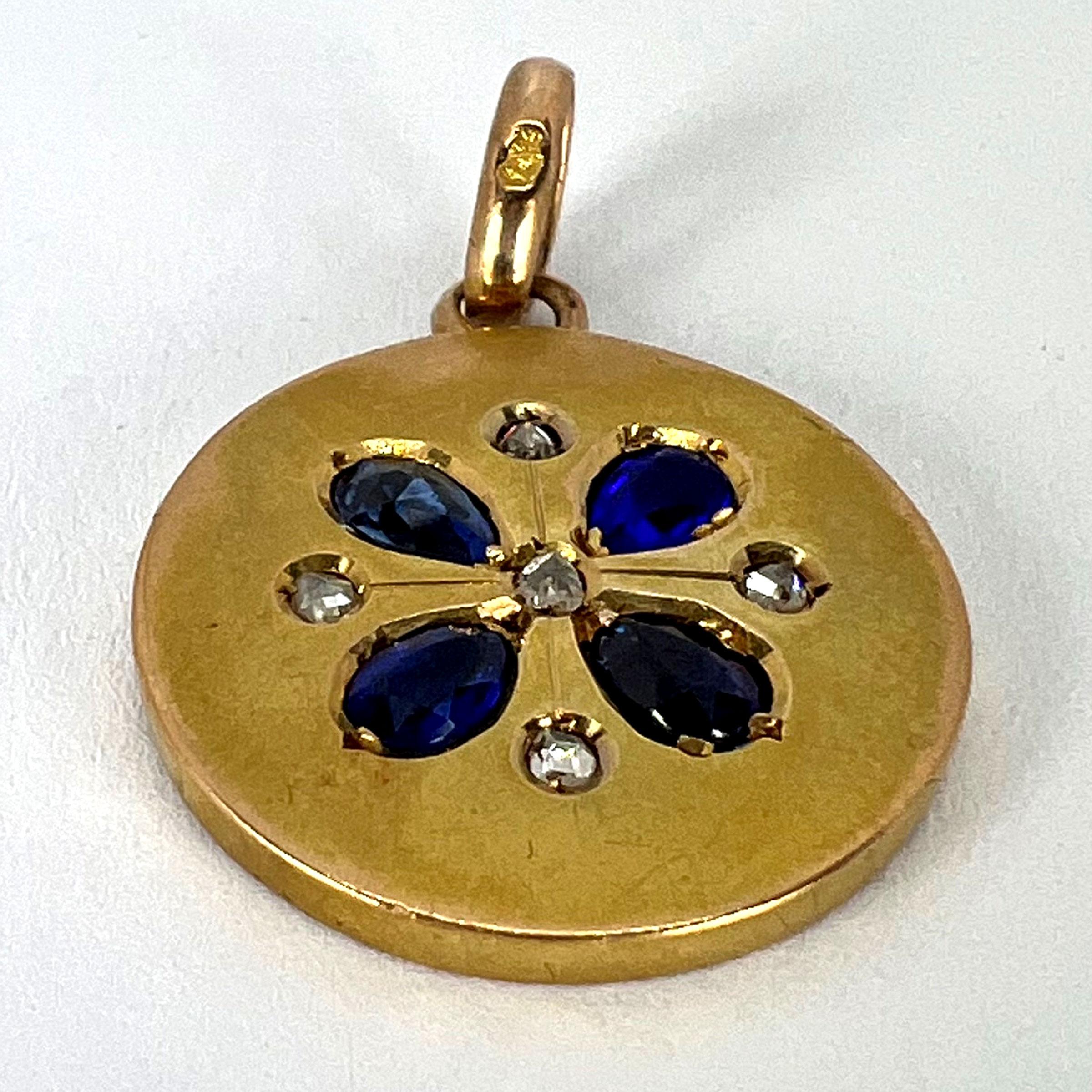 French Lucky Four Leaf Clover 18K Yellow Gold Sapphire Diamond Charm Pendant For Sale 11