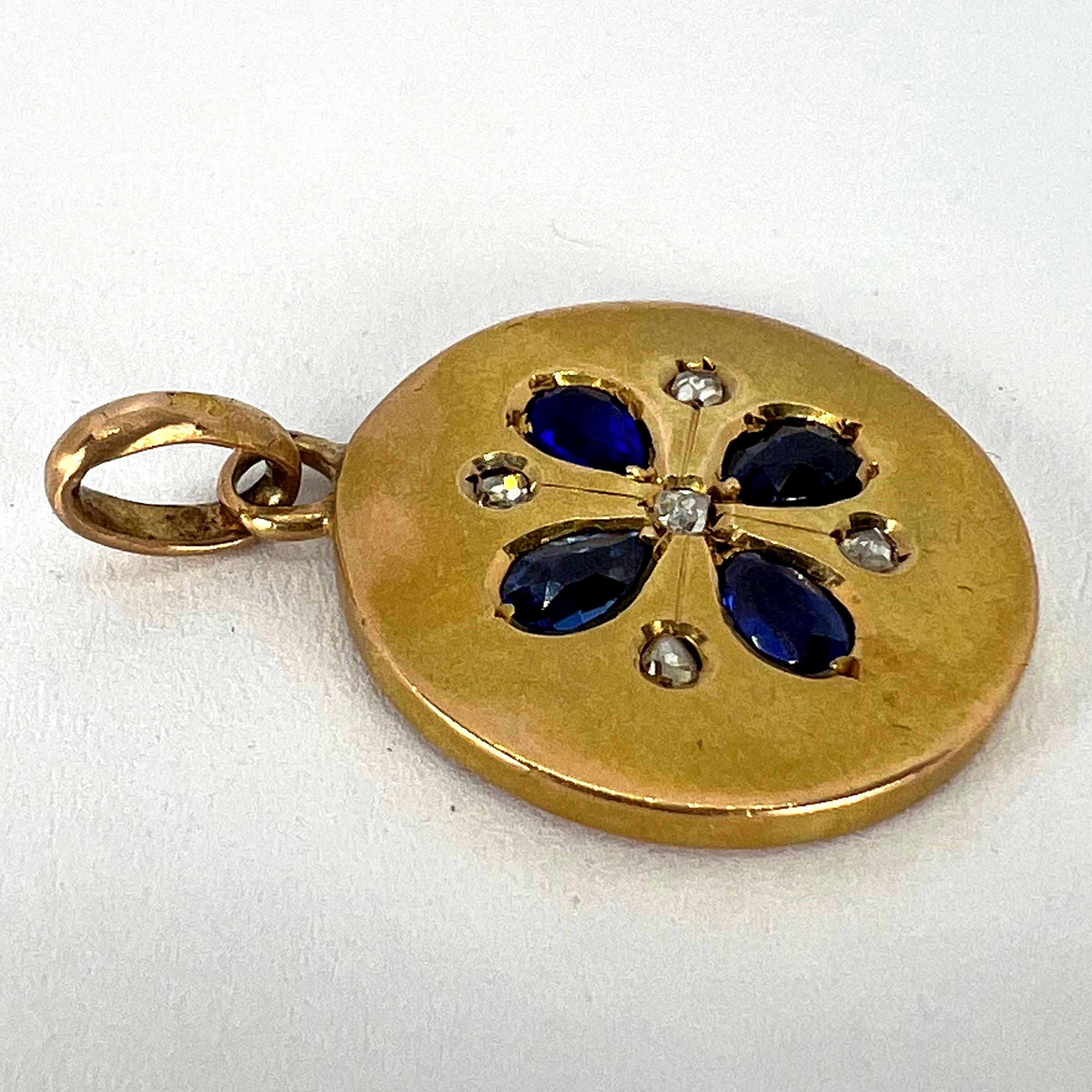 French Lucky Four Leaf Clover 18K Yellow Gold Sapphire Diamond Charm Pendant For Sale 12