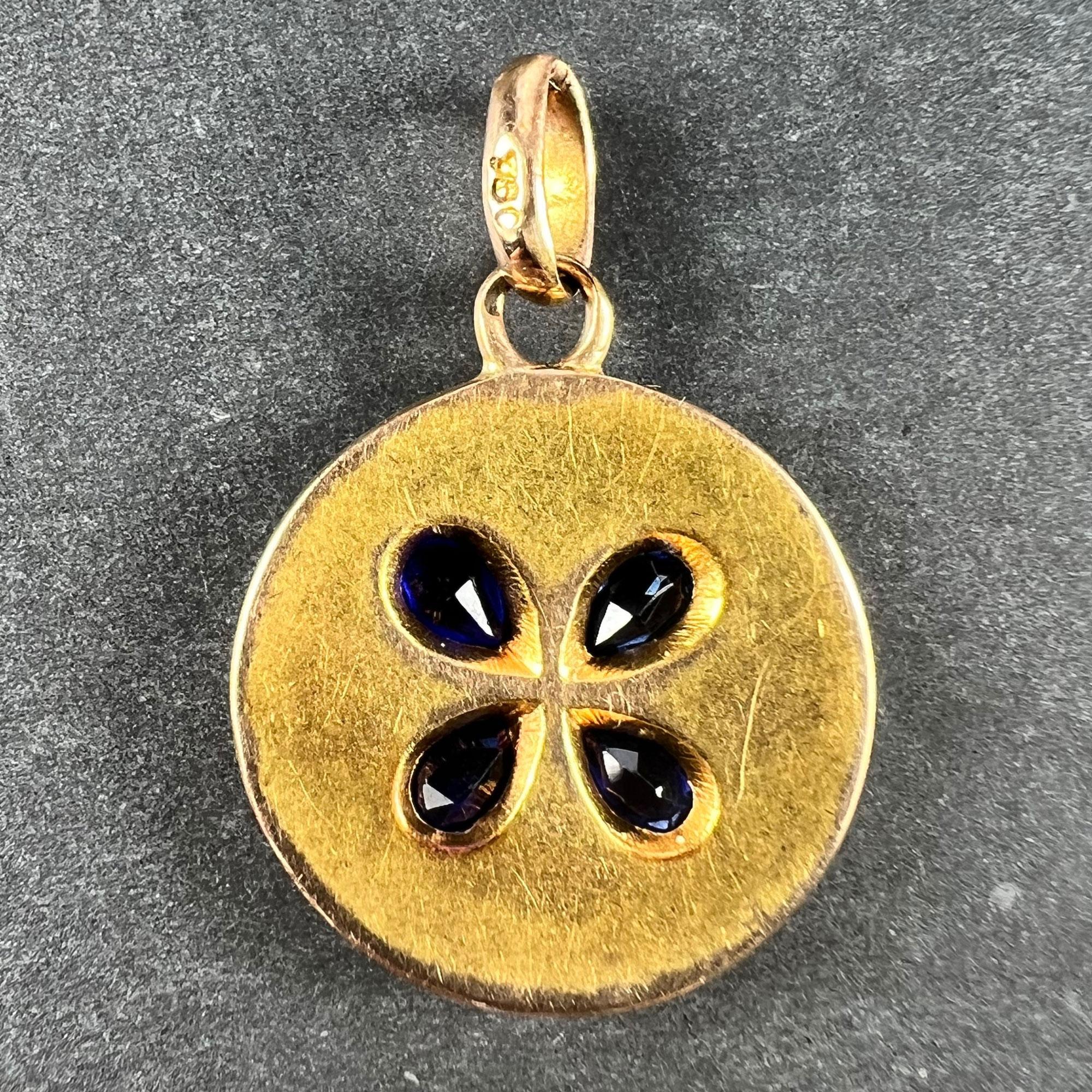 Victorian French Lucky Four Leaf Clover 18K Yellow Gold Sapphire Diamond Charm Pendant For Sale