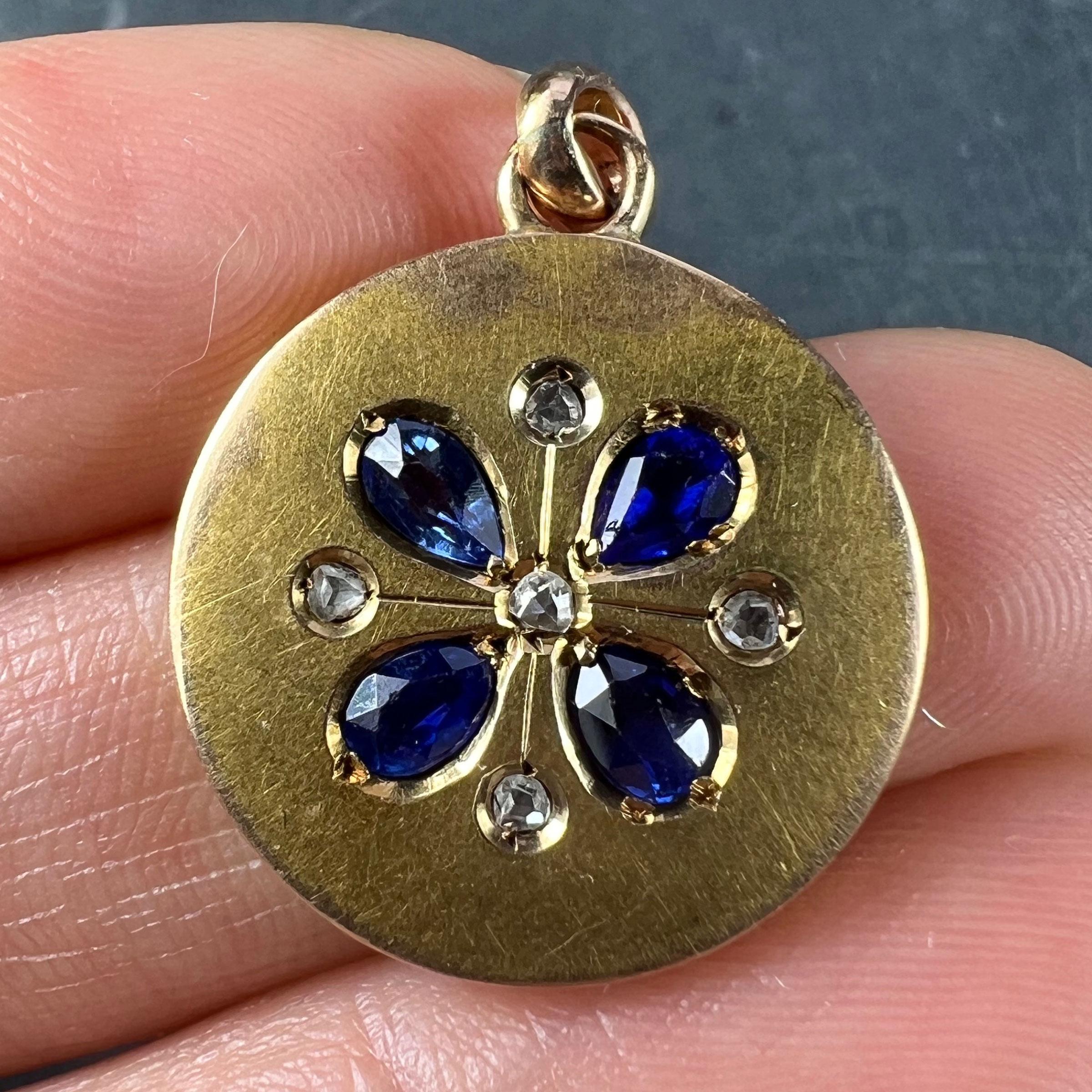 French Lucky Four Leaf Clover 18K Yellow Gold Sapphire Diamond Charm Pendant In Good Condition For Sale In London, GB