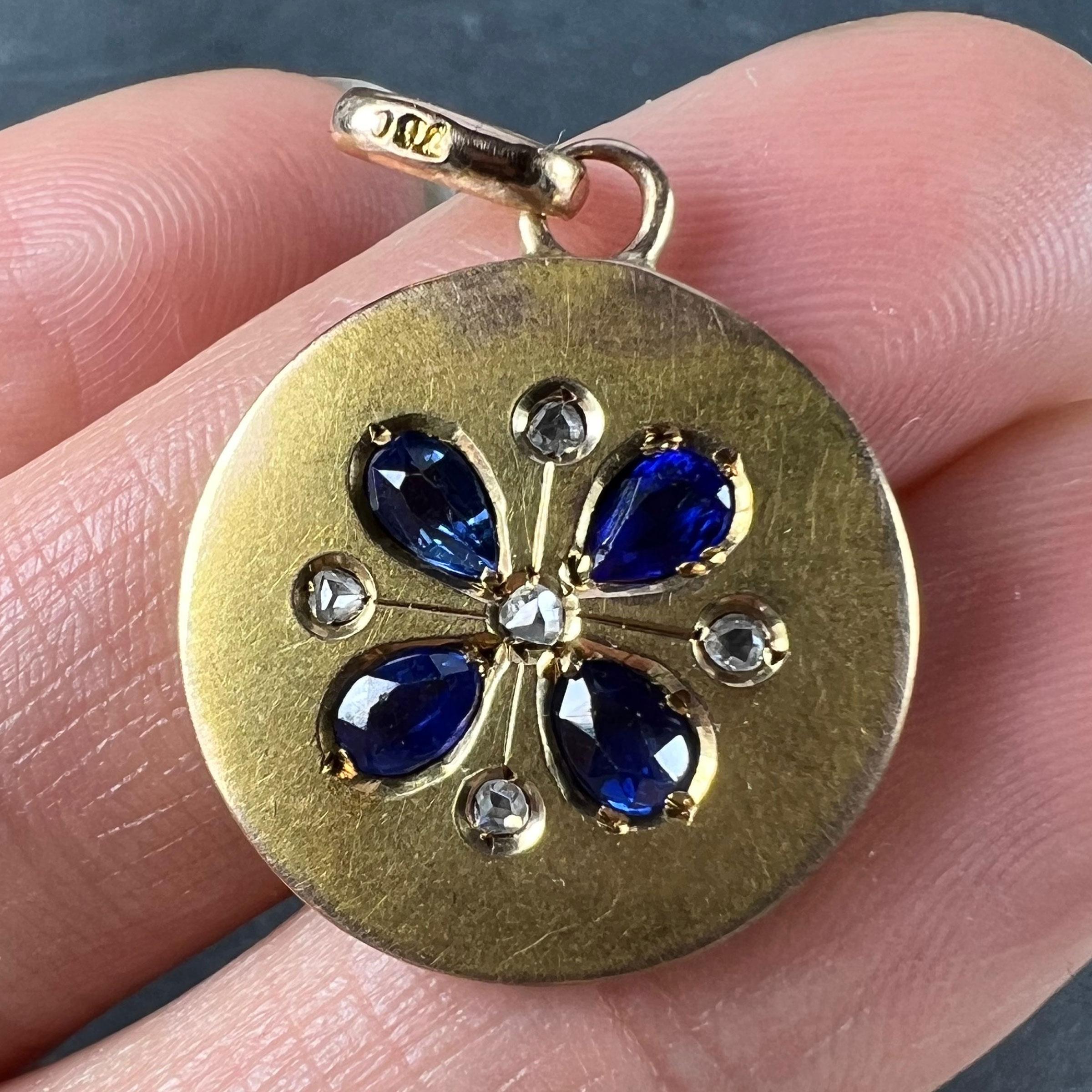 Women's or Men's French Lucky Four Leaf Clover 18K Yellow Gold Sapphire Diamond Charm Pendant For Sale