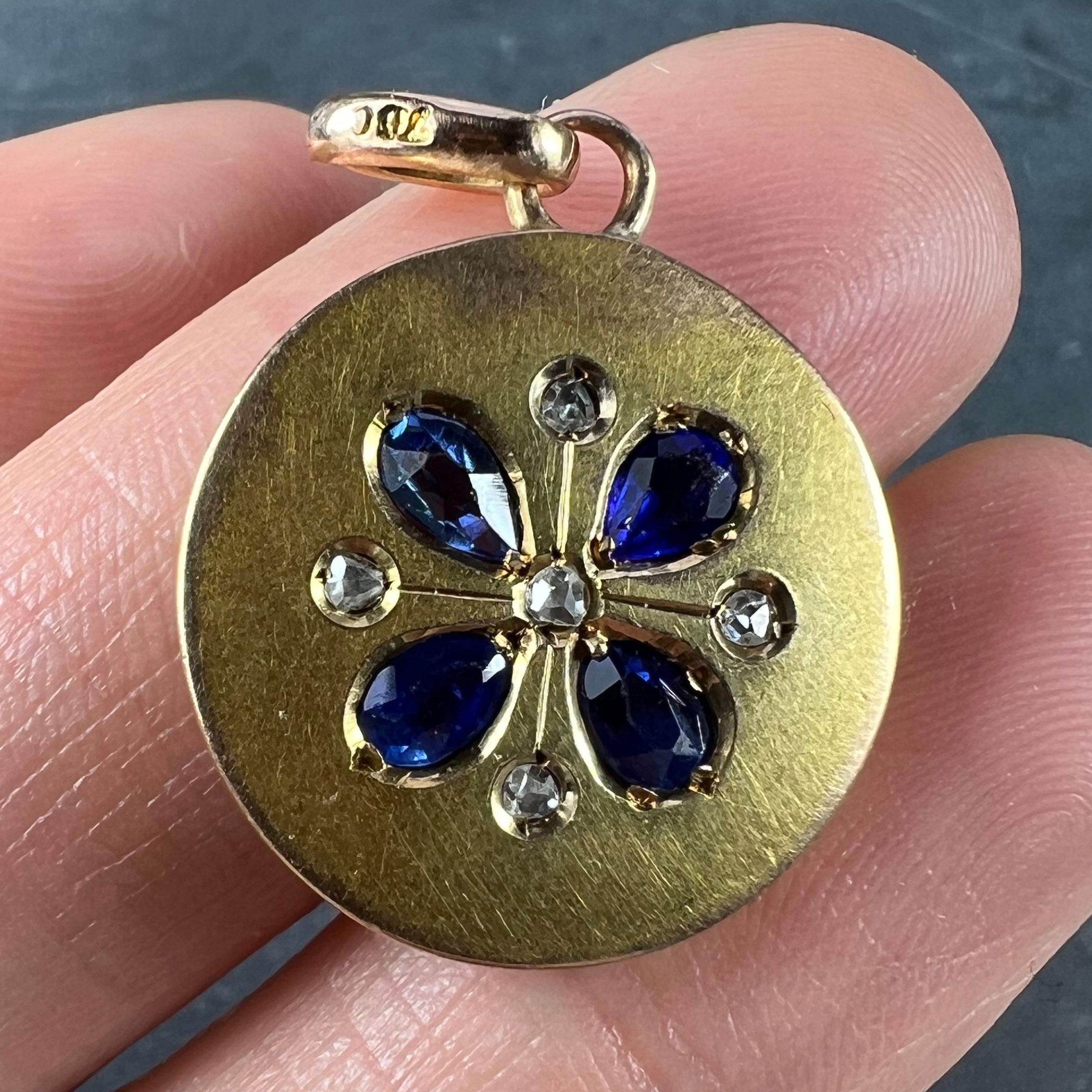 French Lucky Four Leaf Clover 18K Yellow Gold Sapphire Diamond Charm Pendant For Sale 1