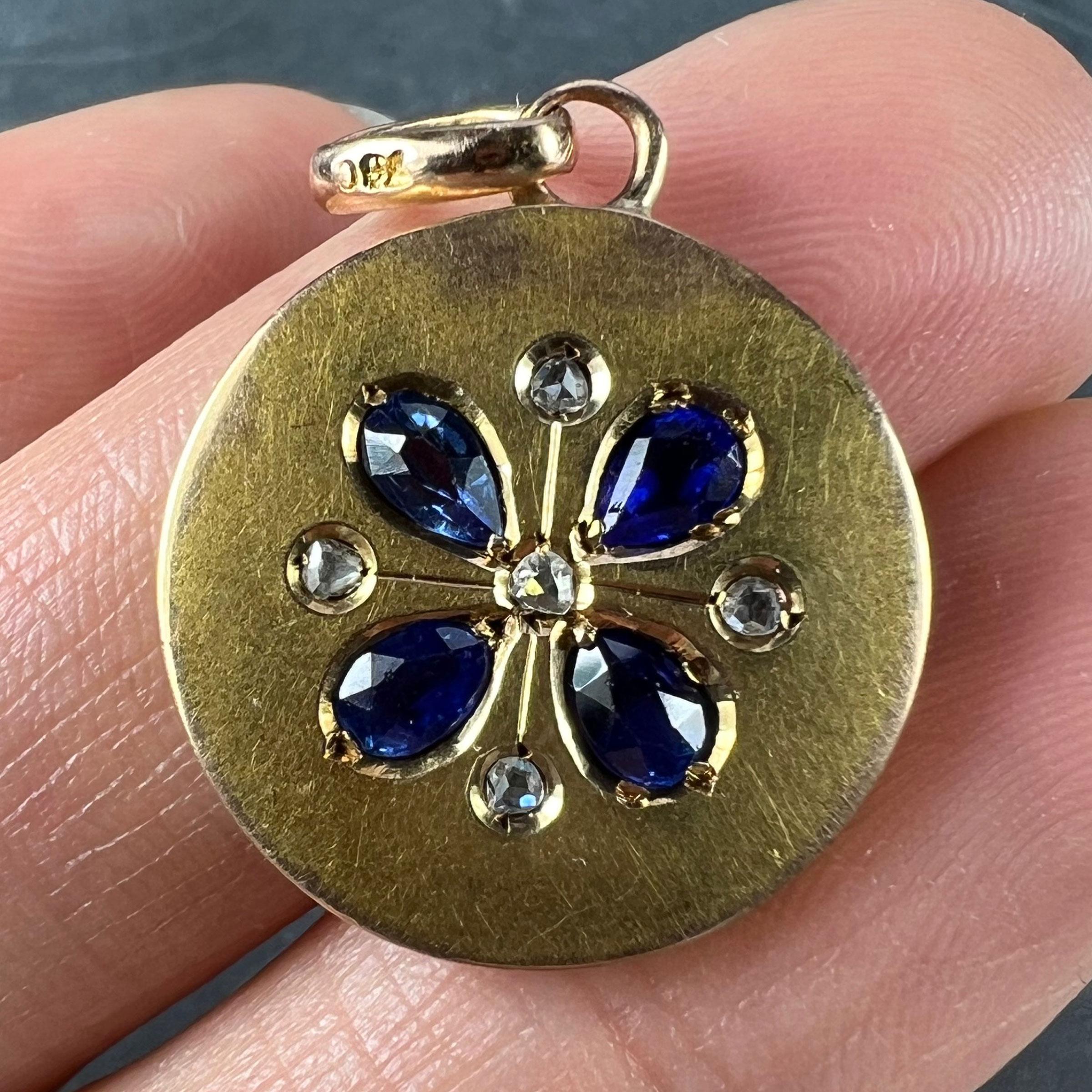 French Lucky Four Leaf Clover 18K Yellow Gold Sapphire Diamond Charm Pendant For Sale 2