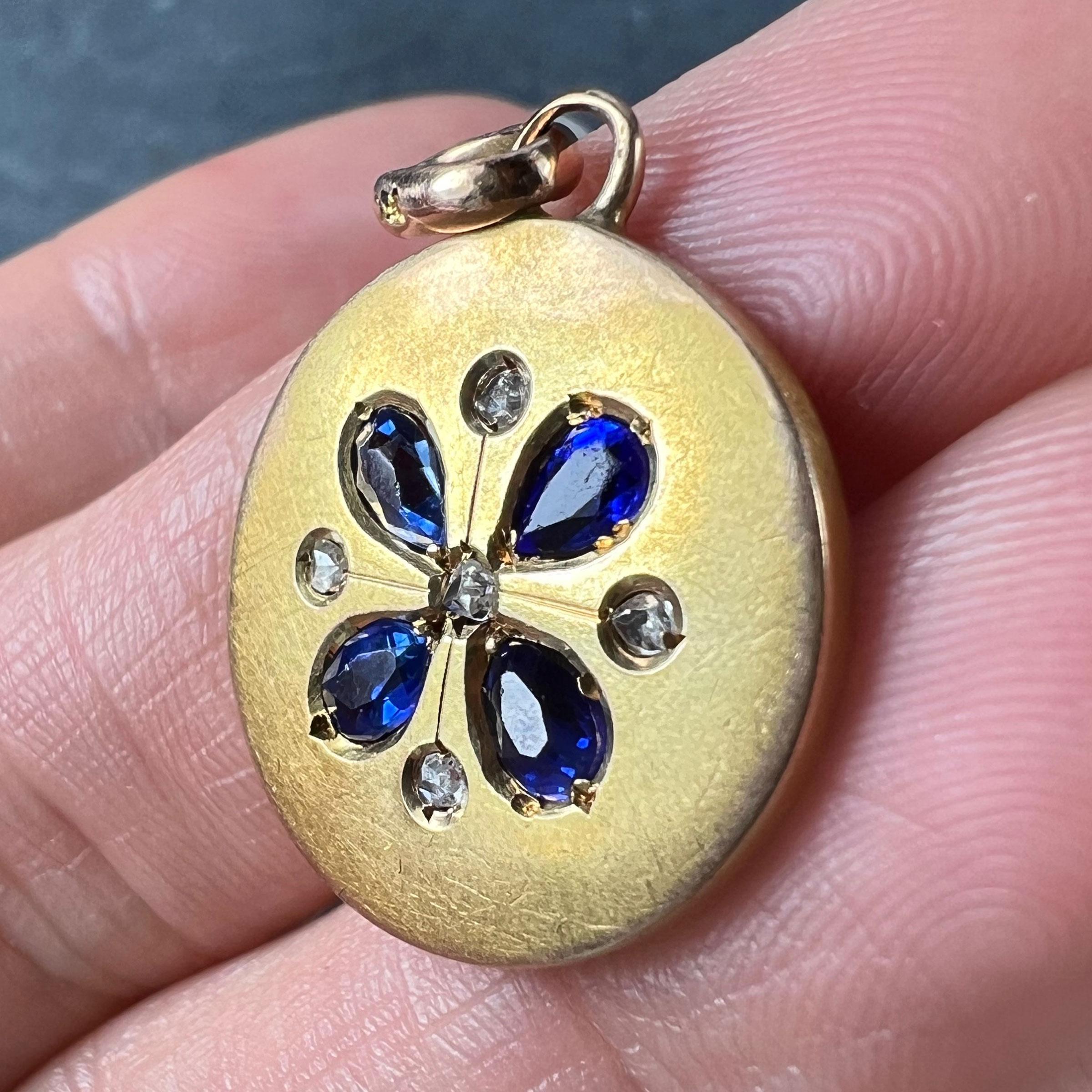 French Lucky Four Leaf Clover 18K Yellow Gold Sapphire Diamond Charm Pendant For Sale 3