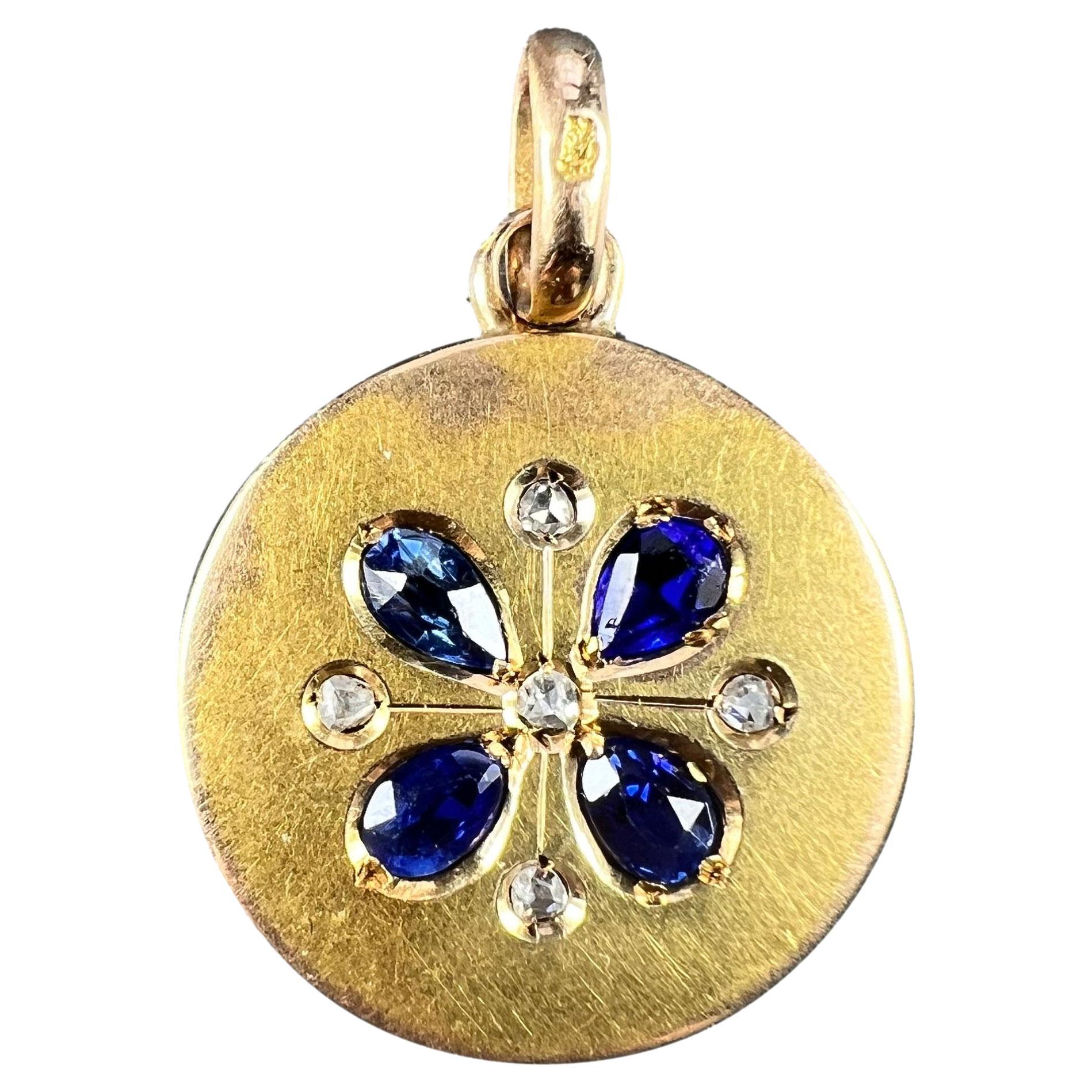 French Lucky Four Leaf Clover 18K Yellow Gold Sapphire Diamond Charm Pendant For Sale