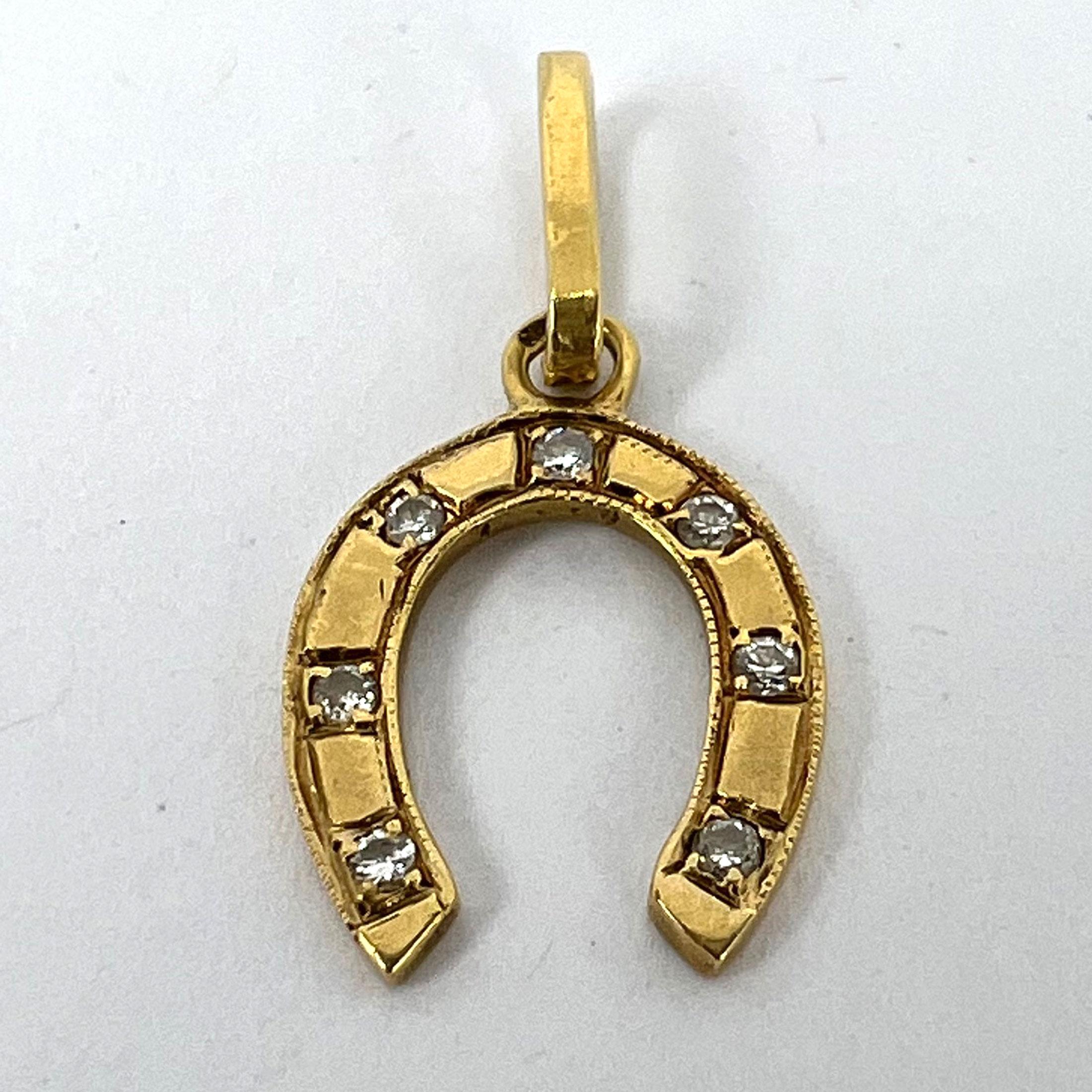 French Lucky Horseshoe 18K Yellow Gold Seven Diamond Charm Pendant For Sale 7