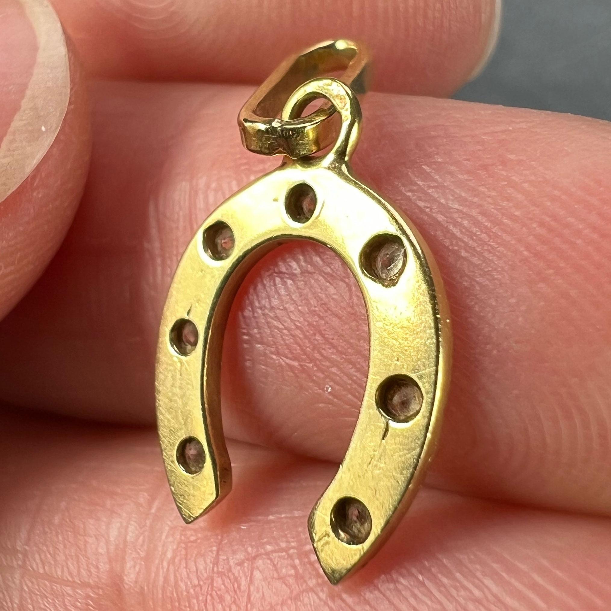 French Lucky Horseshoe 18K Yellow Gold Seven Diamond Charm Pendant For Sale 3