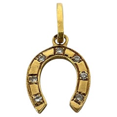 Vintage French Lucky Horseshoe 18K Yellow Gold Seven Diamond Charm Pendant