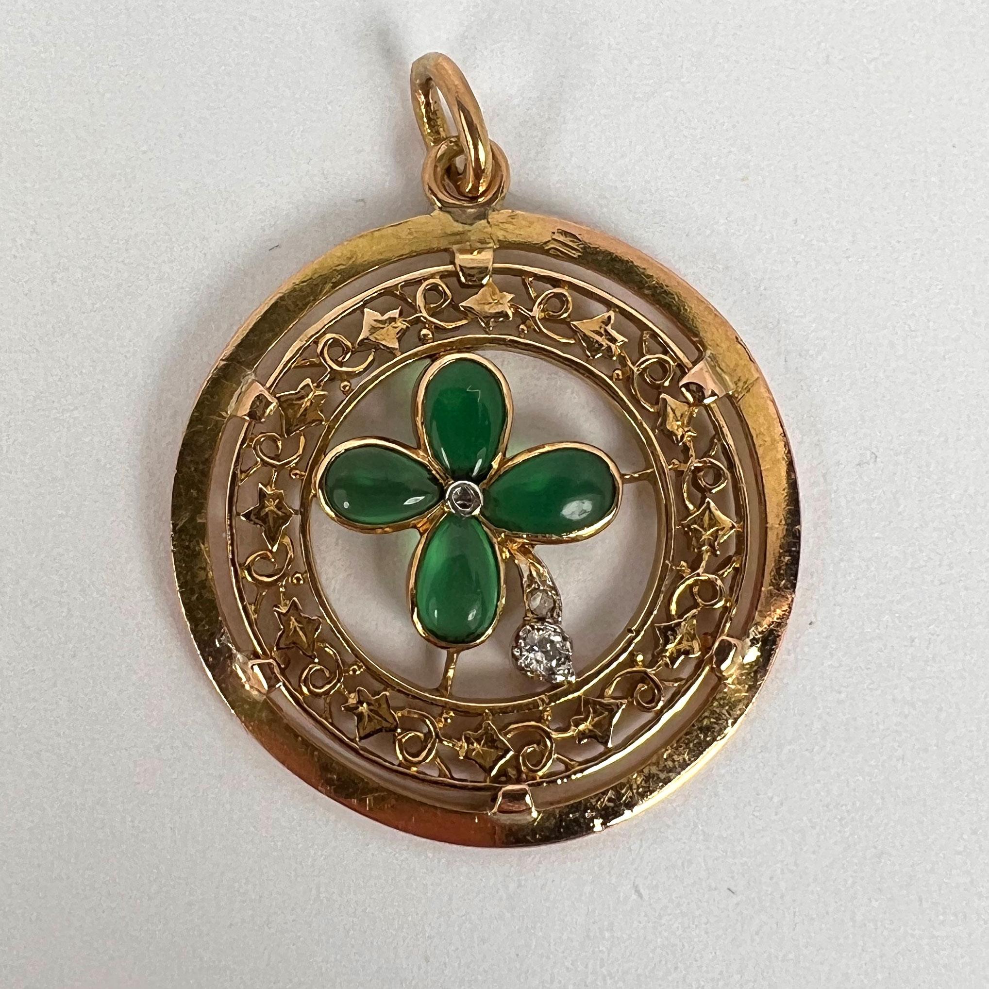 French Lucky Shamrock Four Leaf Clover 18k Yellow Gold Diamond Charm Pendant For Sale 3