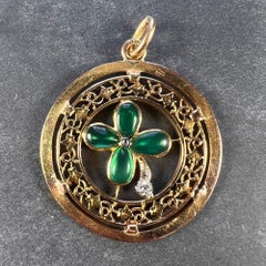 French Lucky Shamrock Four Leaf Clover 18k Yellow Gold Diamond Charm Pendant