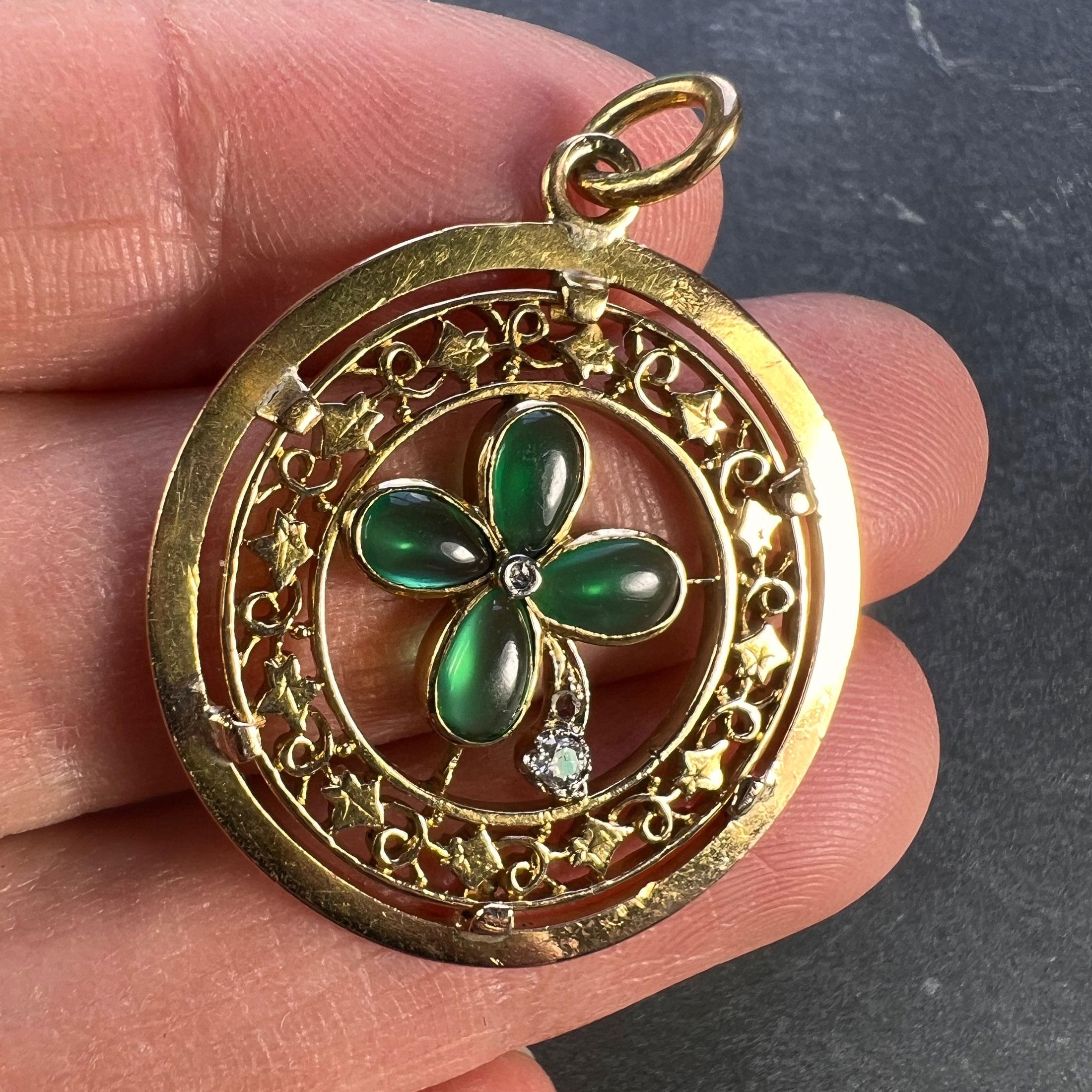 Rose Cut French Lucky Shamrock Four Leaf Clover 18k Yellow Gold Diamond Charm Pendant For Sale
