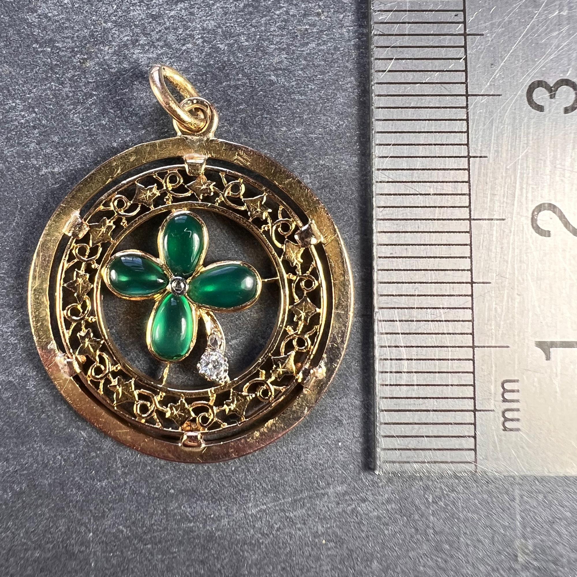 French Lucky Shamrock Four Leaf Clover 18k Yellow Gold Diamond Charm Pendant For Sale 1