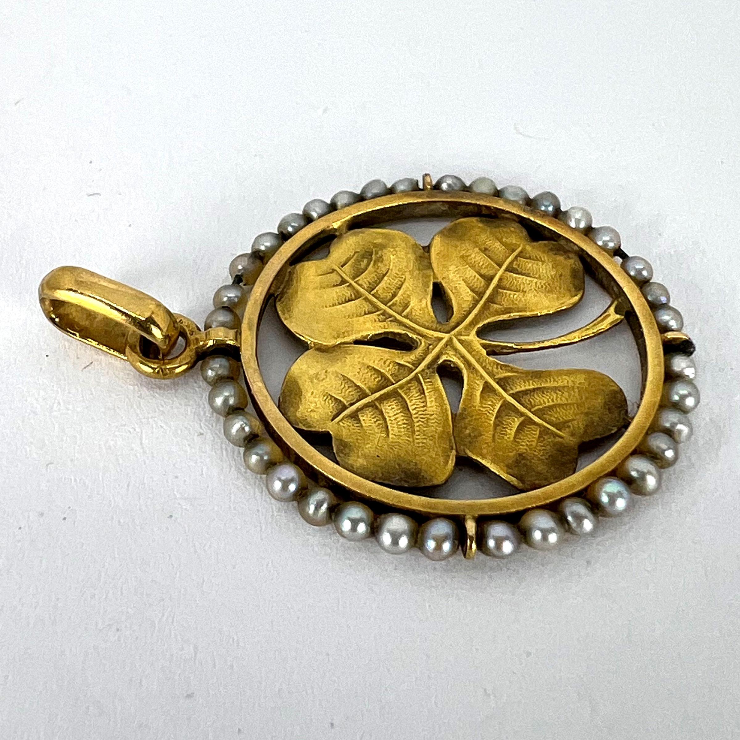 French Lucky Shamrock Four Leaf Clover 18K Yellow Gold Pearl Charm Pendant 10