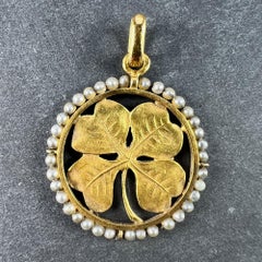 French Lucky Shamrock Four Leaf Clover 18K Yellow Gold Pearl Charm Pendant
