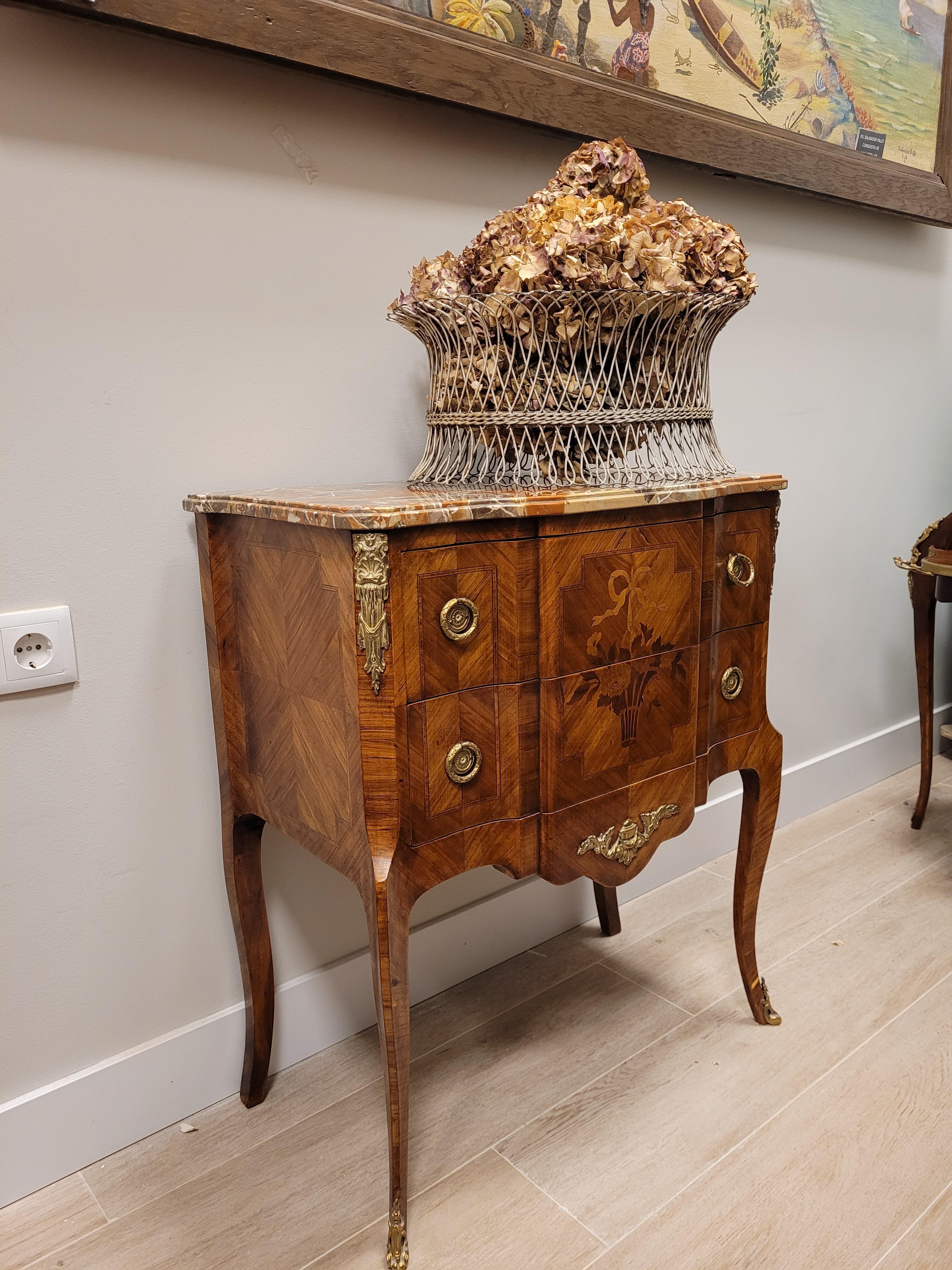 Louis XVI French Luis XVI Marquetry, Marble, Commode, Chest of Drawers, Ormolu