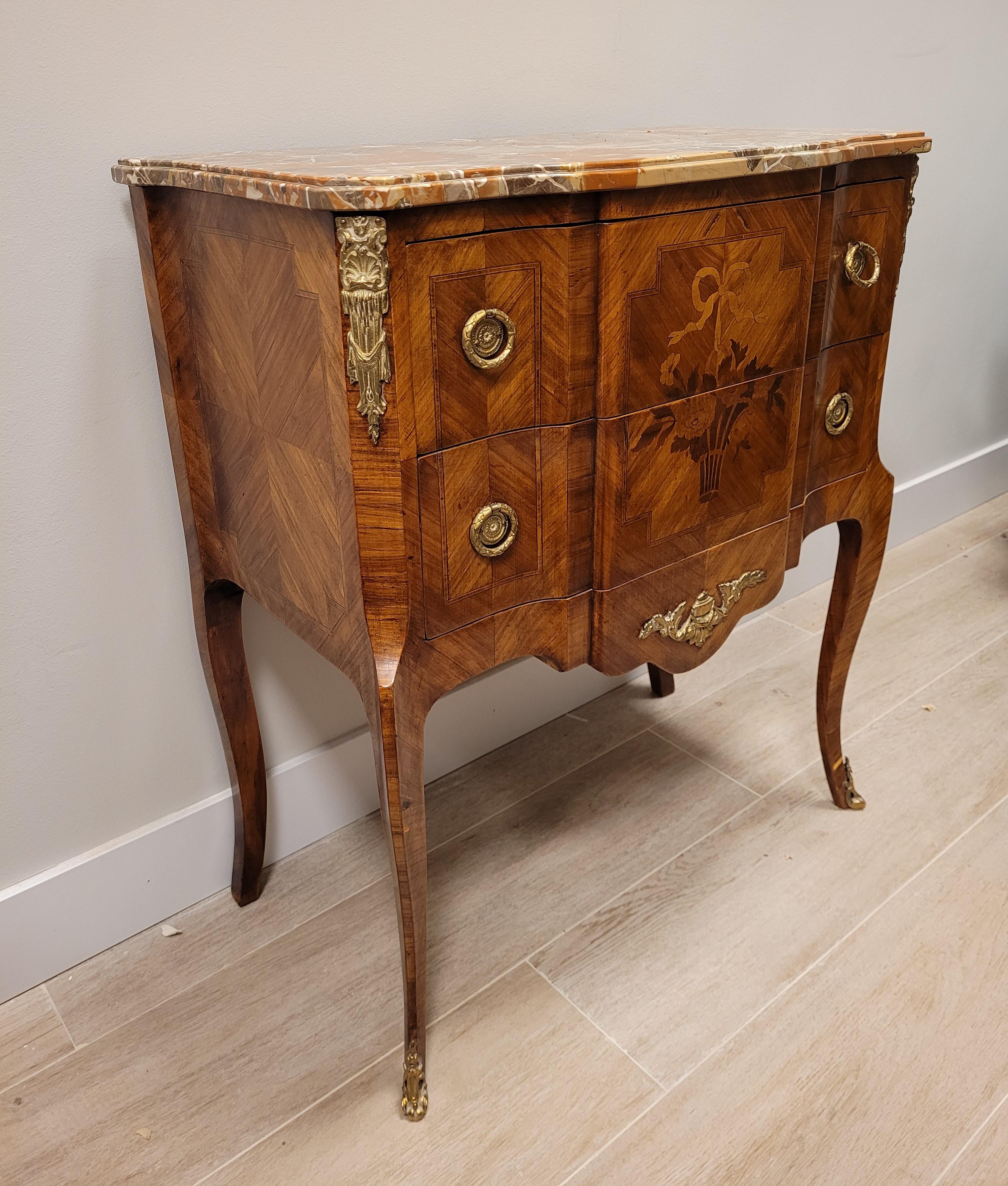 Late 18th Century French Luis XVI Marquetry, Marble, Commode, Chest of Drawers, Ormolu