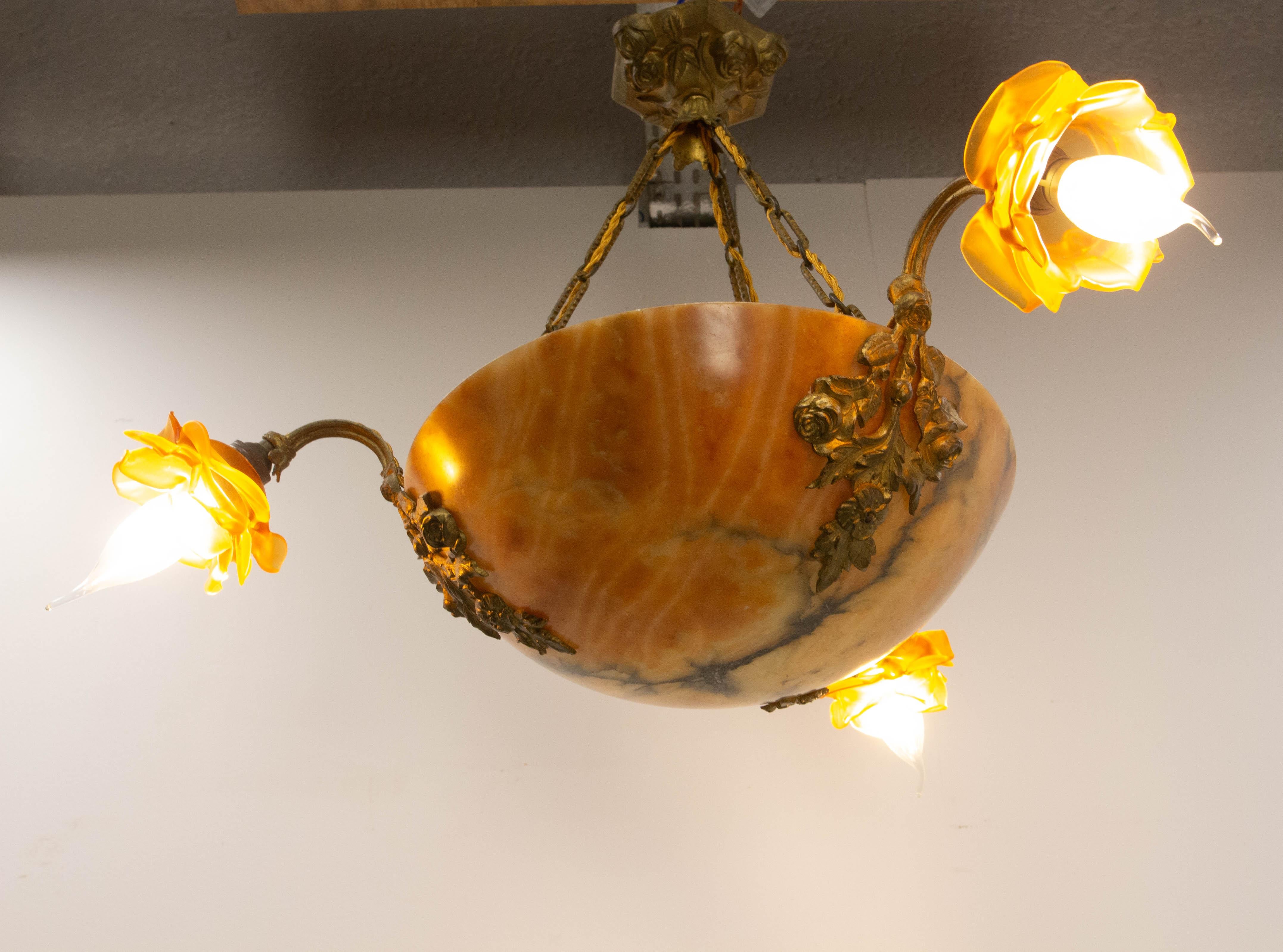 Early 20th Century French Lustre Colored Alabaster Brass & Glass Ceiling Pendant Chandelier, c 1920 For Sale