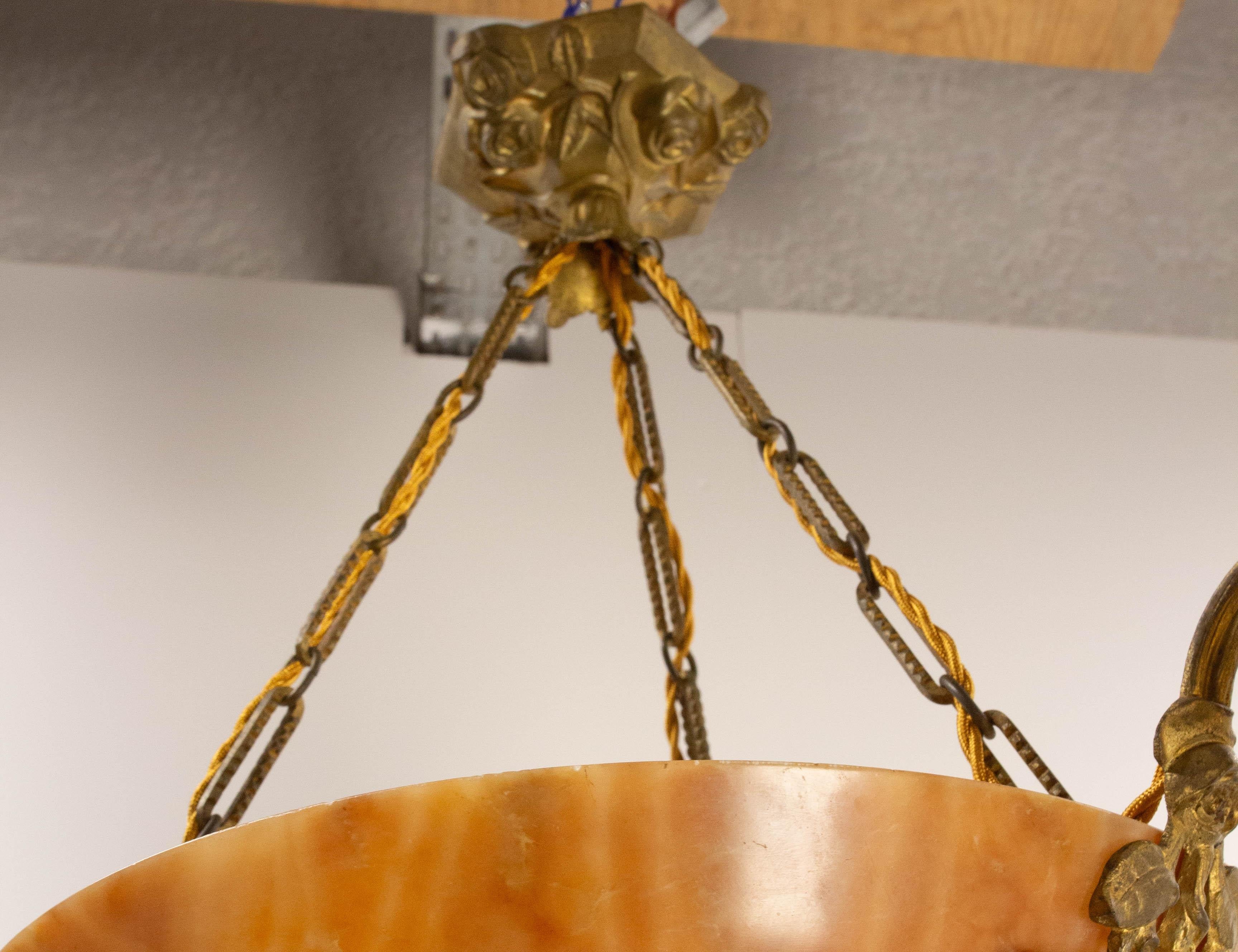 French Lustre Colored Alabaster Brass & Glass Ceiling Pendant Chandelier, c 1920 For Sale 3