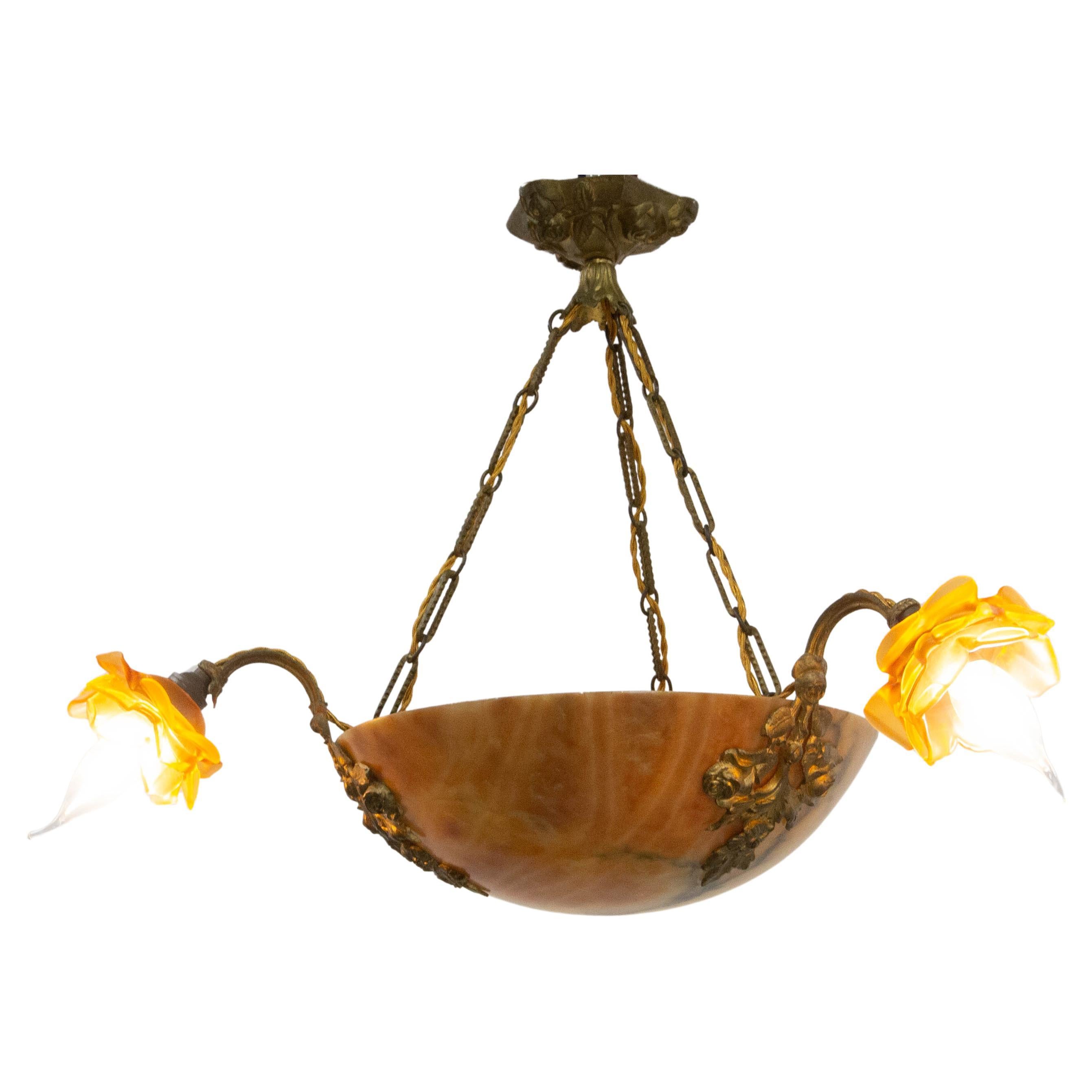 French Lustre Colored Alabaster Brass & Glass Ceiling Pendant Chandelier, c 1920 For Sale