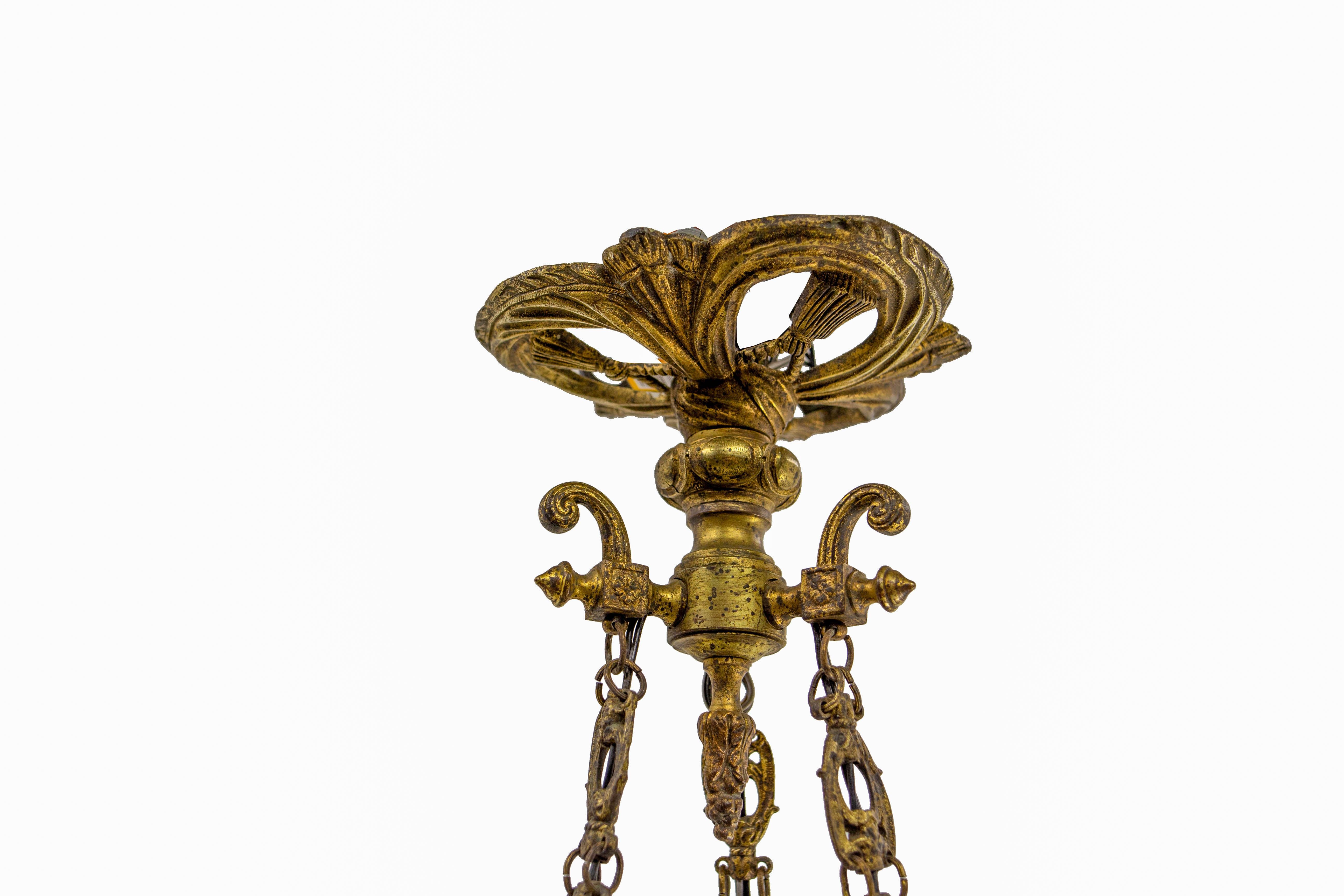 French Lustre Brass & Frozen Glass Ceiling Pendant Chandelier circa 1910 For Sale 5