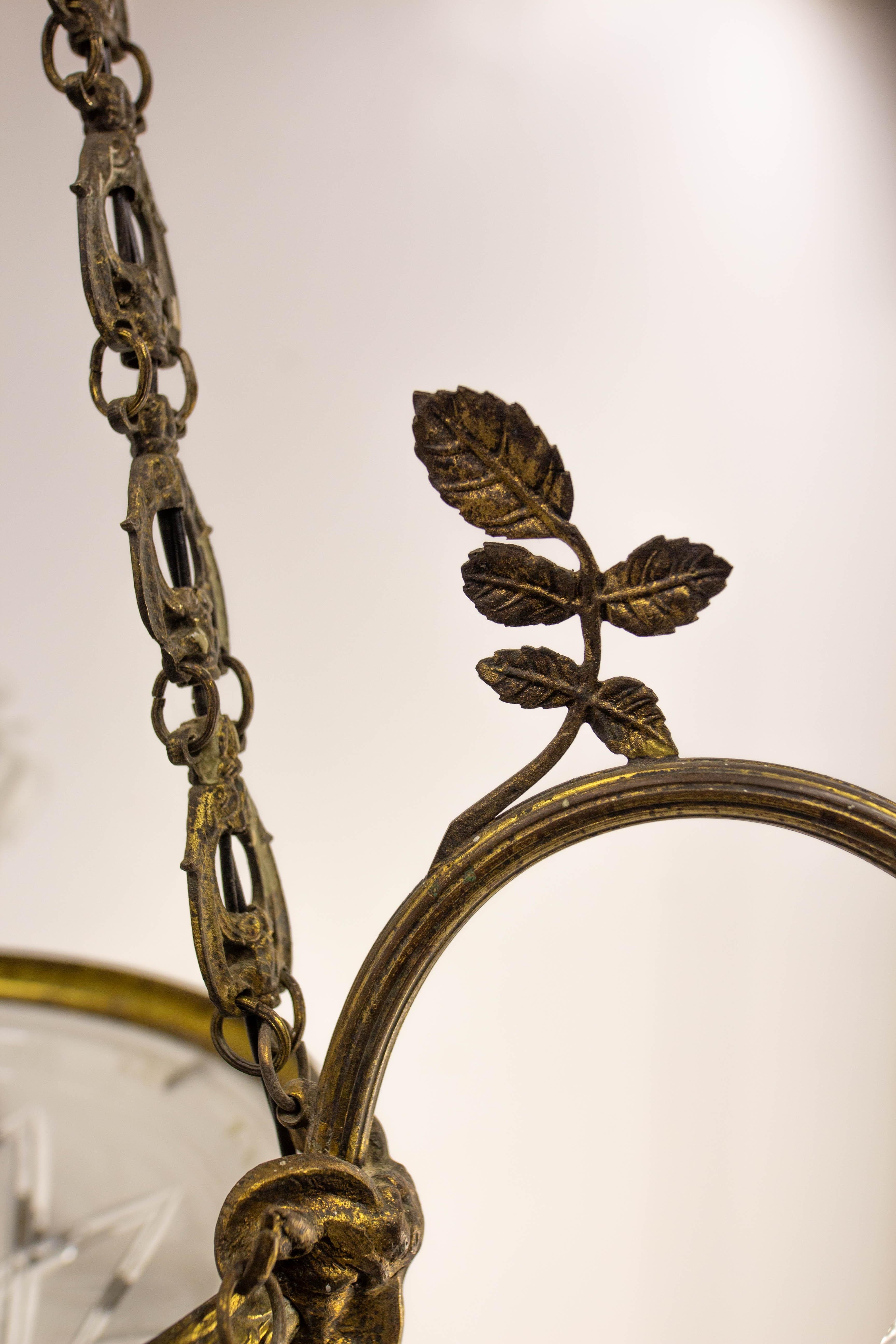 French Lustre Brass & Frozen Glass Ceiling Pendant Chandelier circa 1910 For Sale 6